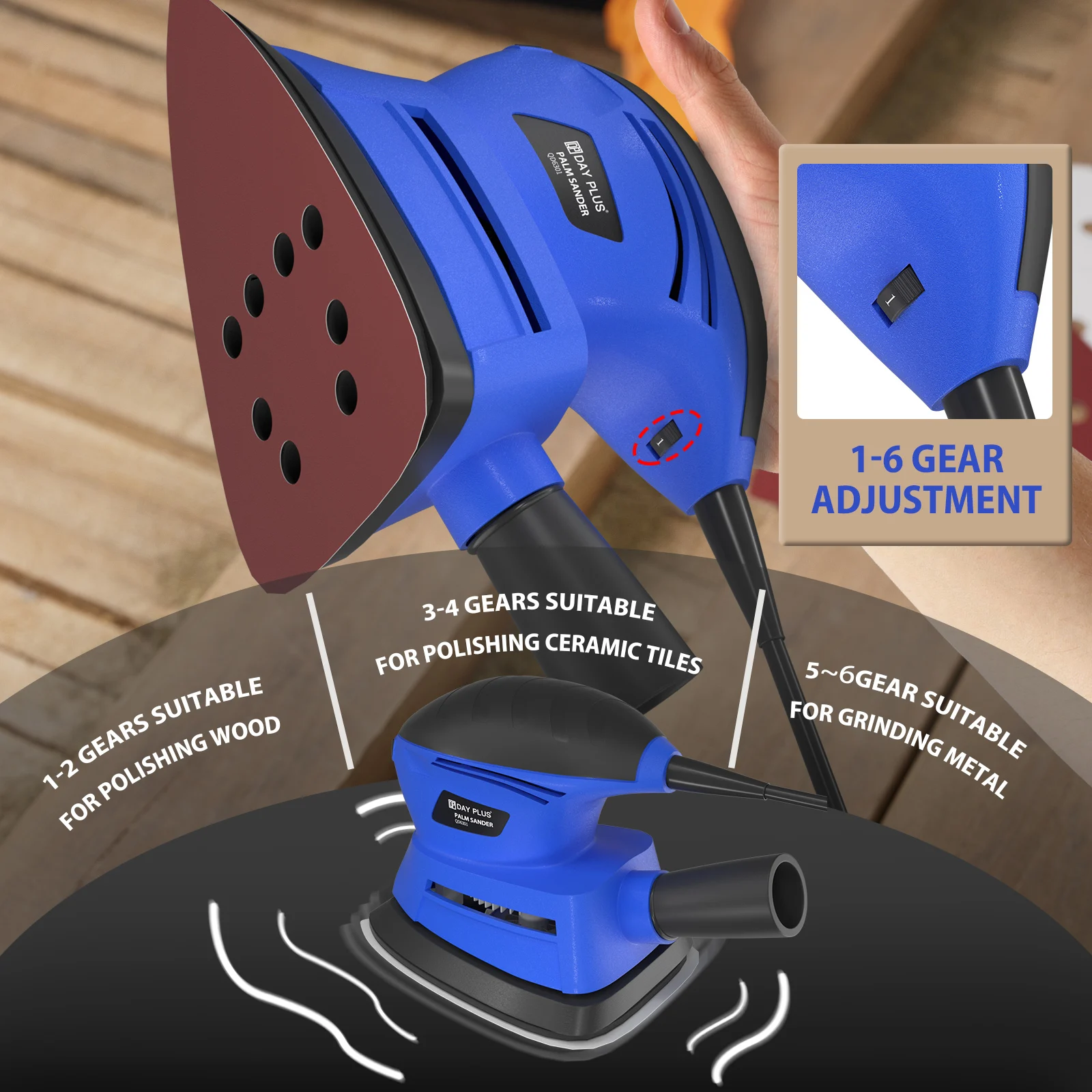 Electric Palm Sander,Random Orbital Sander 2000 RPM Random Orbit Detail Sander with Dust Extraction Port + 6Free Sanding Sheetst
