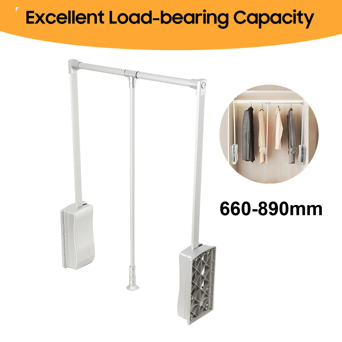 Lift/Pull Down Adjustable Width Wardrobe Clothes Hanging Rail Soft Return Cloakroom Wardrobe Telescopic LiftClothes Rail
