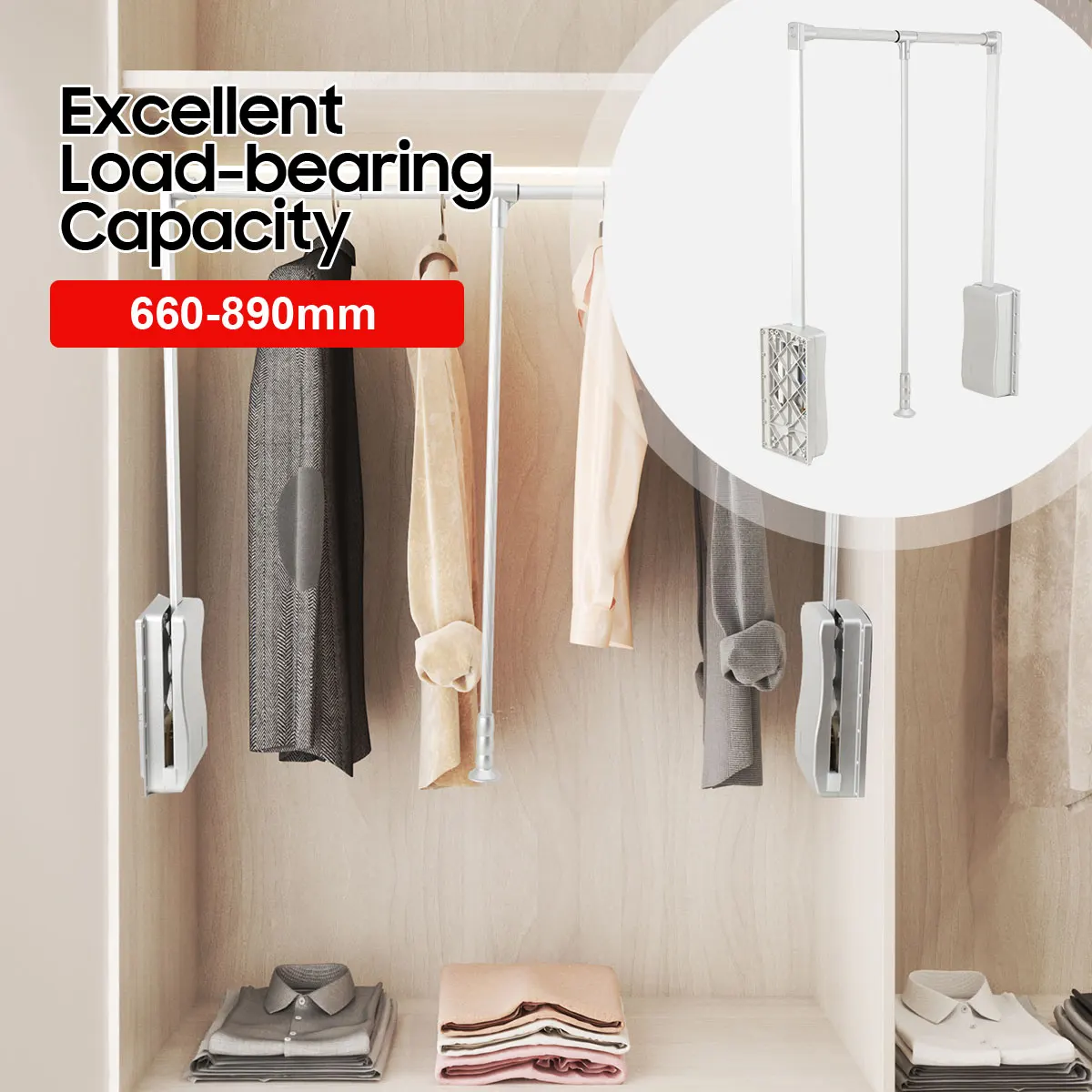 Lift/Pull Down Adjustable Width Wardrobe Clothes Hanging Rail Soft Return Cloakroom Wardrobe Telescopic LiftClothes Rail