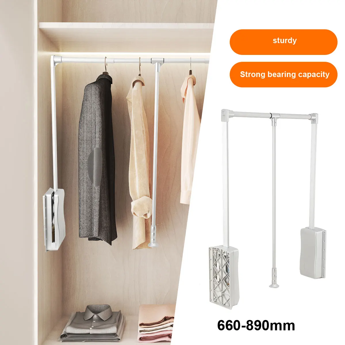 Lift/Pull Down Adjustable Width Wardrobe Clothes Hanging Rail Soft Return Cloakroom Wardrobe Telescopic LiftClothes Rail