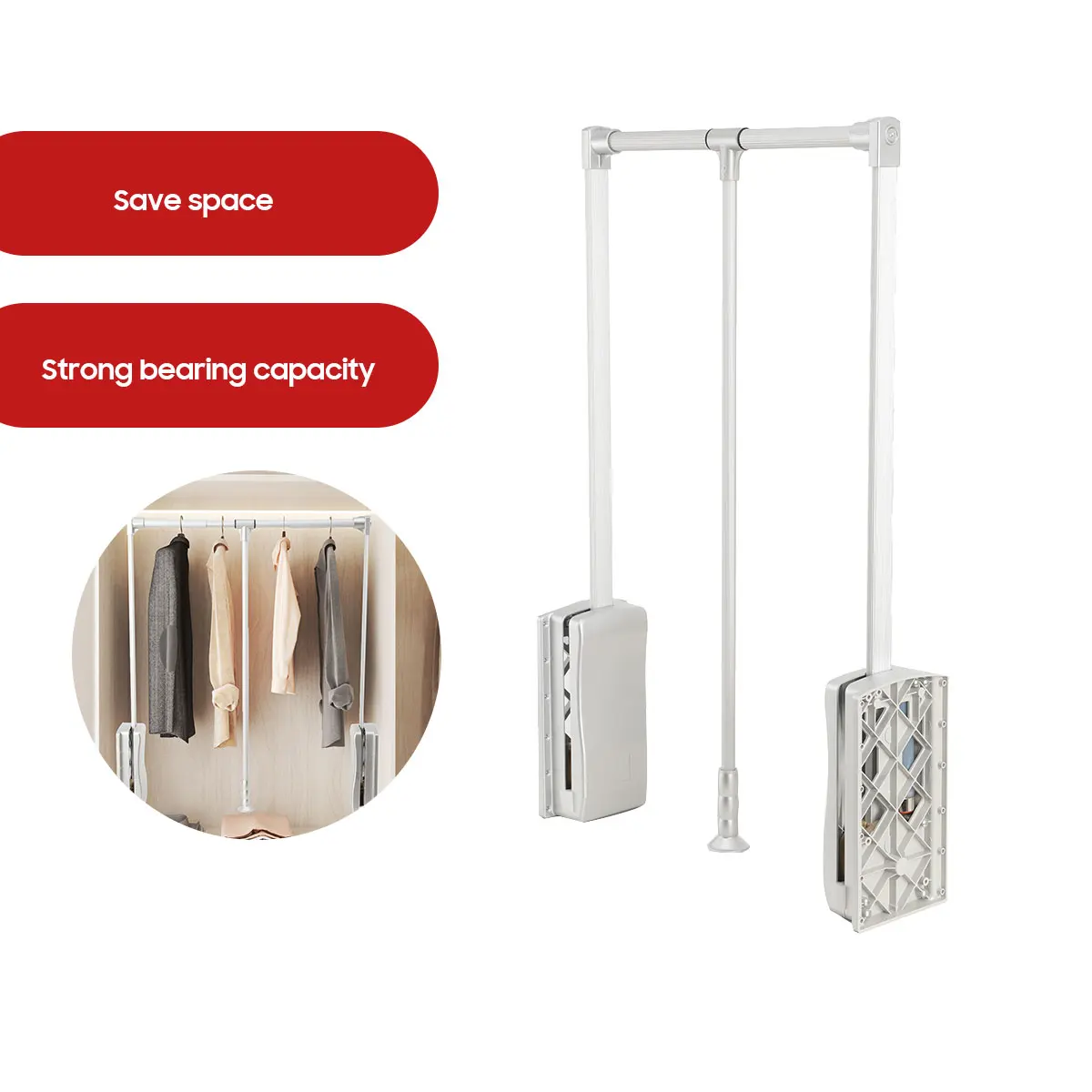Lift/Pull Down Adjustable Width Wardrobe Clothes Hanging Rail Soft Return Cloakroom Wardrobe Telescopic LiftClothes Rail