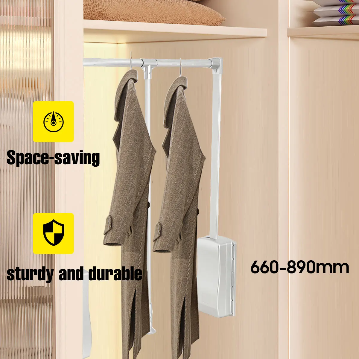 Lift/Pull Down Adjustable Width Wardrobe Clothes Hanging Rail Soft Return Cloakroom Wardrobe Telescopic LiftClothes Rail