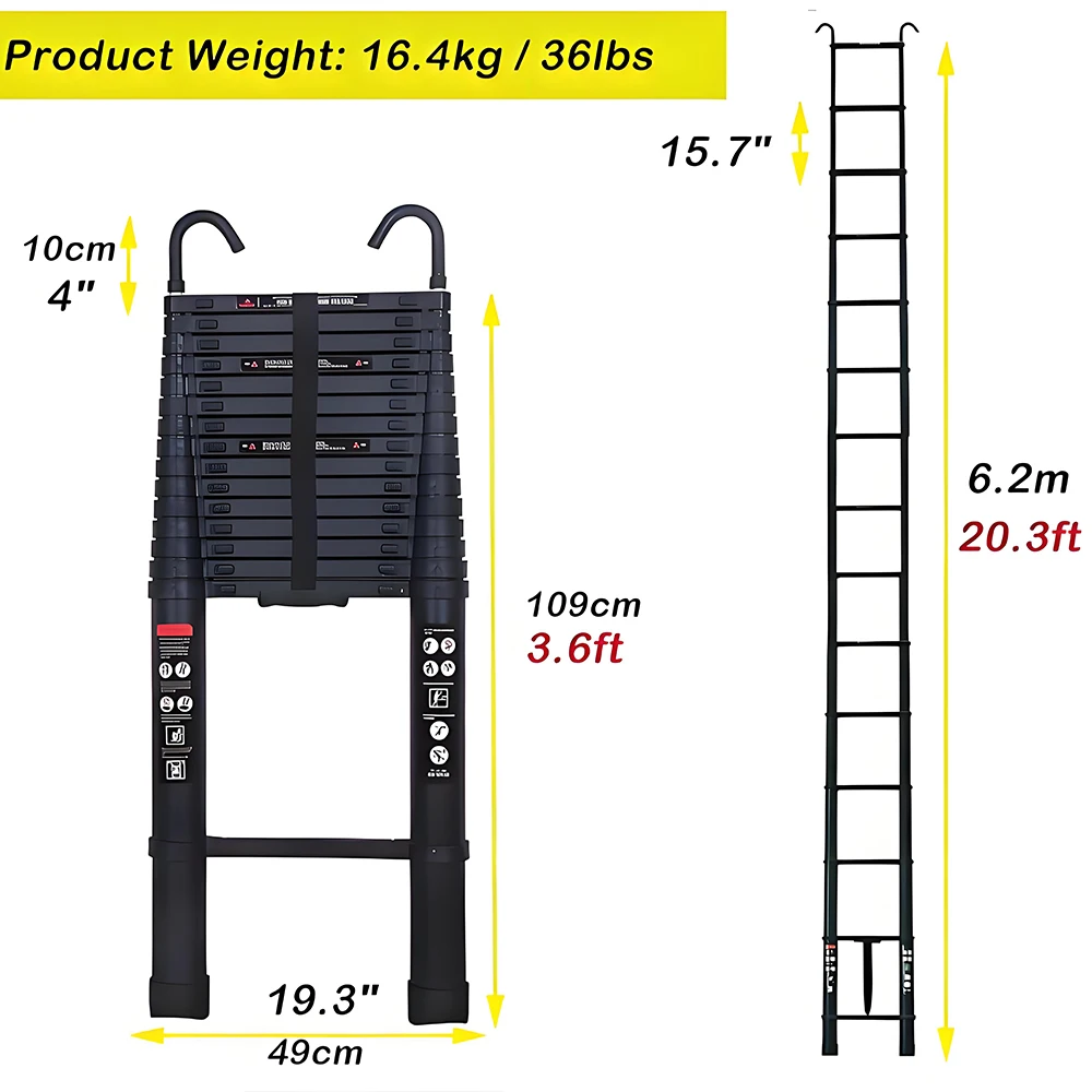 6.2 m / 20.3ft Step Ladder Aluminum Telescoping Ladde with Detachable Roof Hooks,330lbs Load Capacity,15 Steps Adjustable Height