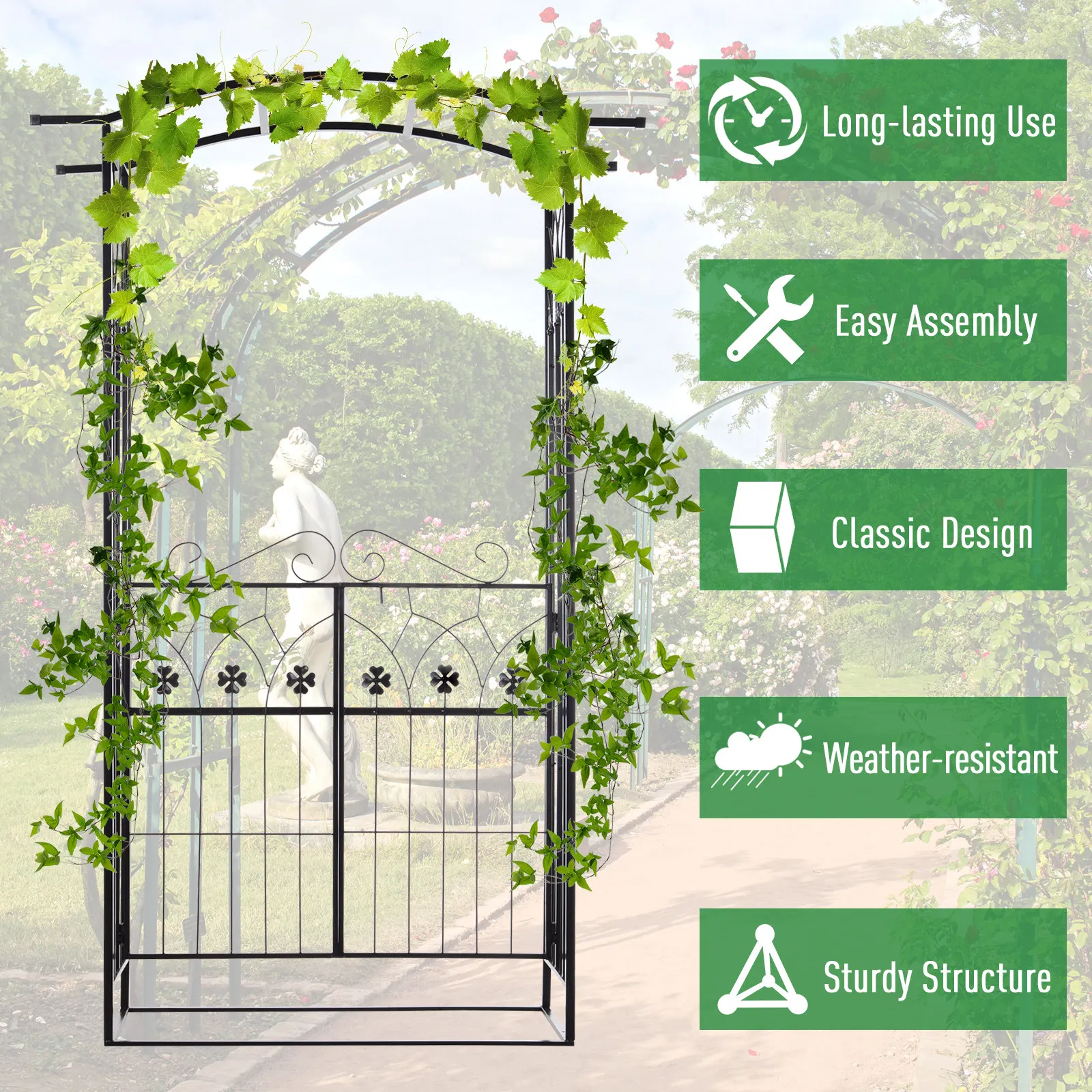 Outsunny Garden Outdoor Entrance Arch with Door Outdoor Patio Decoration for Rose Trellis Arbour Climbing Plant
