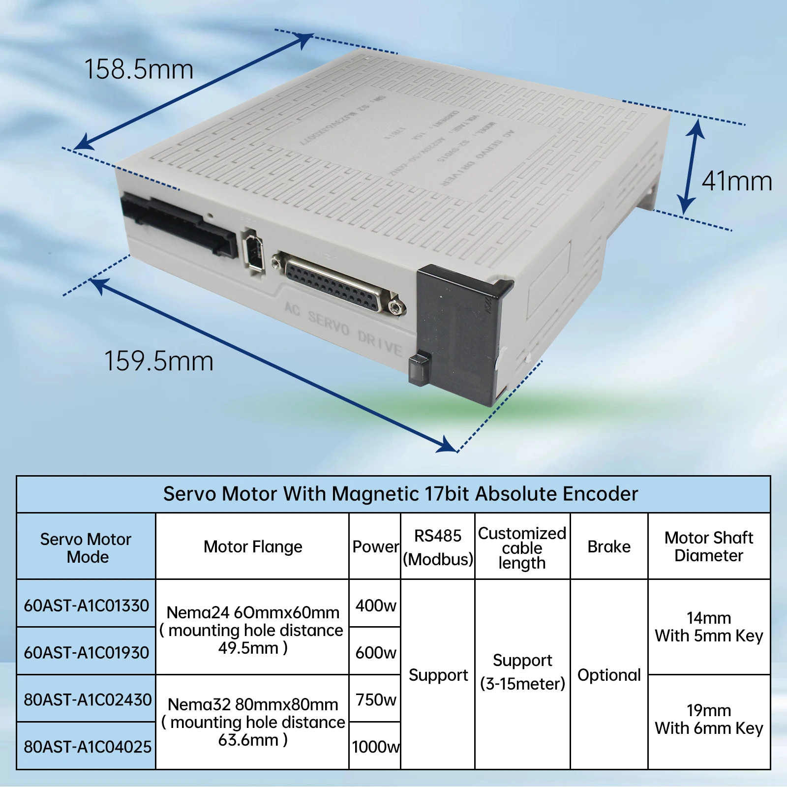 [EU Stock] AC Servo Motor Kit /600W/750W/1000W 220V With Brake or Without Brake + Servo Driver + 3M Cable CNC Servo Motor Kit