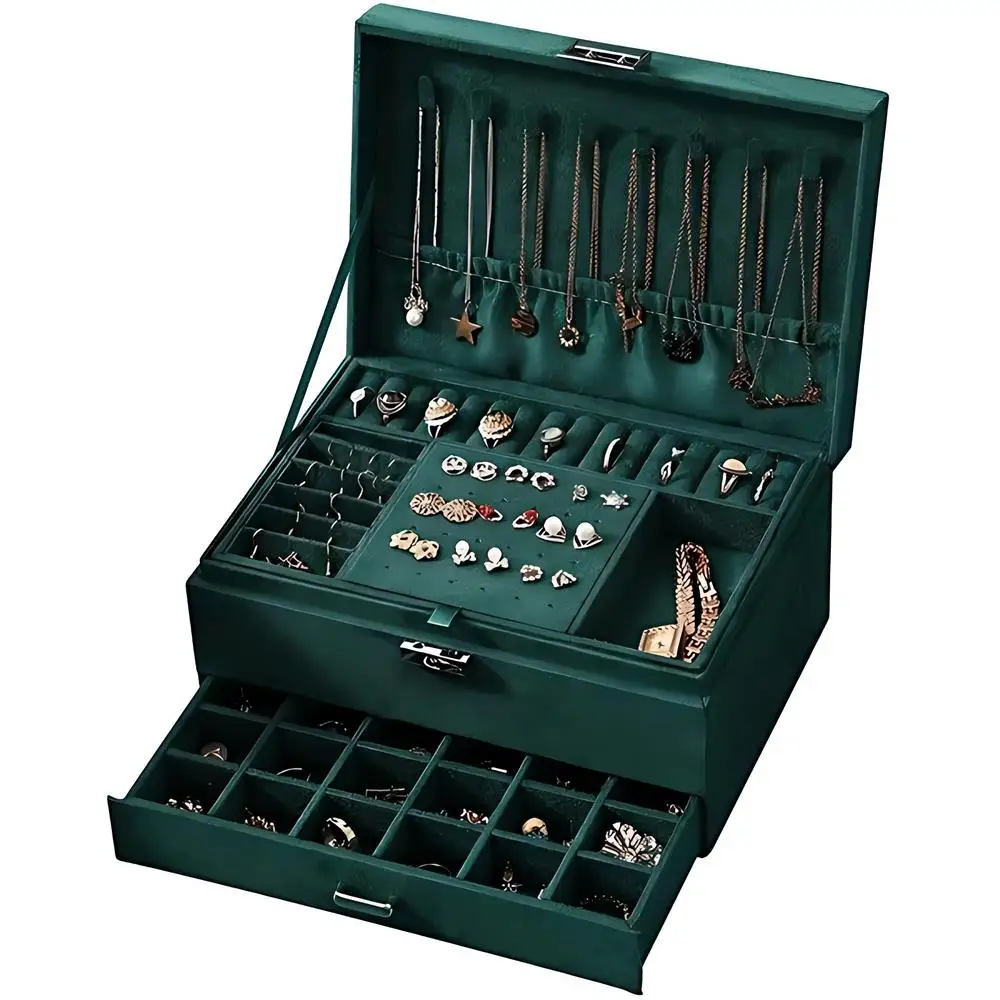 Green 3-Layers Jewelry Box, Large PU Leather Finish Storage Drawer Cabinet, Small Item Organizer Box For Jewelry, Ornaments
