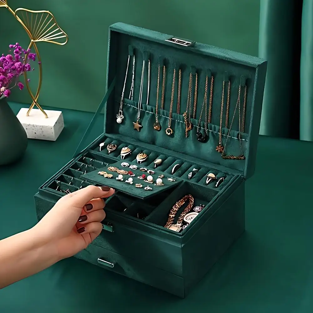 Green 3-Layers Jewelry Box, Large PU Leather Finish Storage Drawer Cabinet, Small Item Organizer Box For Jewelry, Ornaments