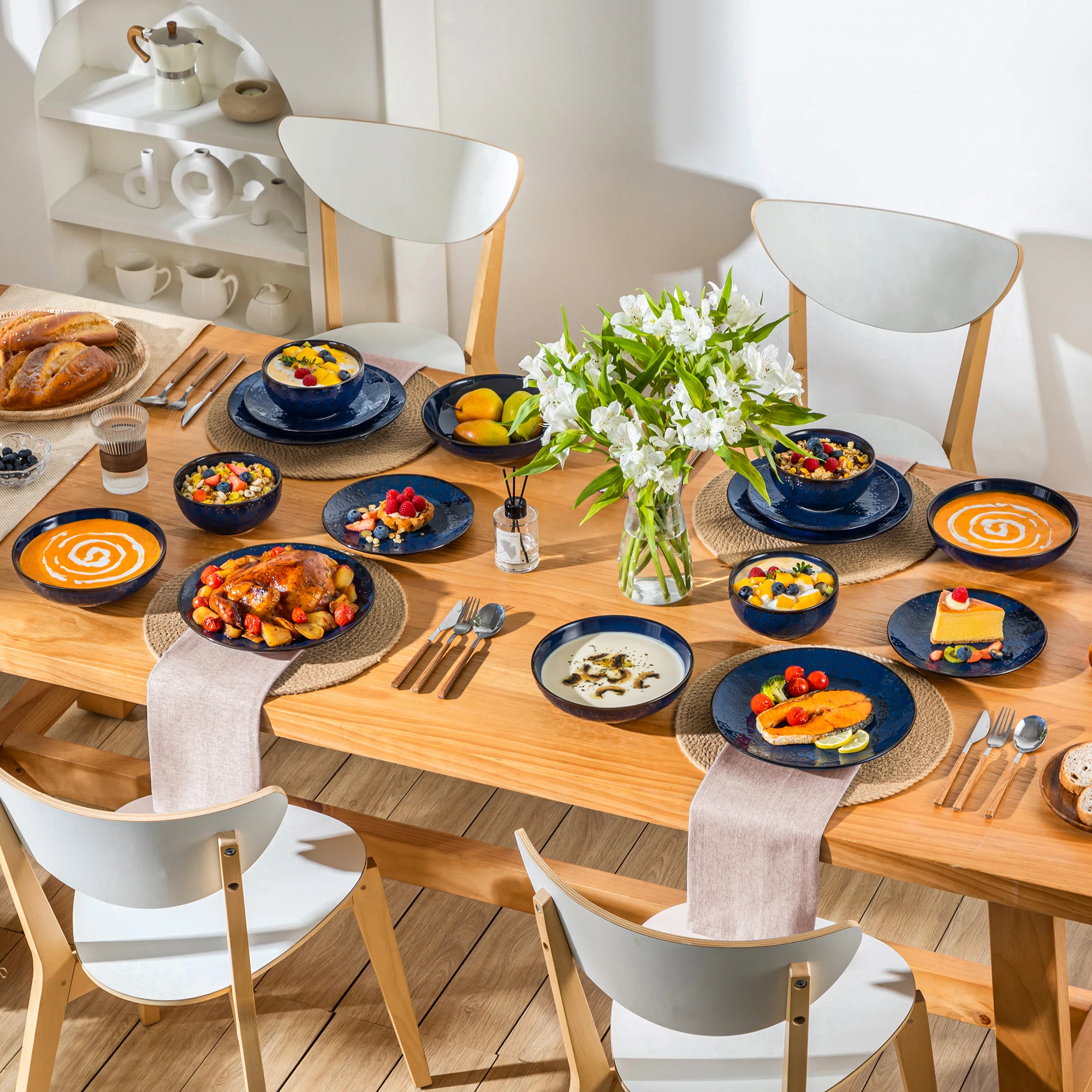 MALACASA LYDIA 16/32 Piece Blue Stoneware Plates Dinner Set Embossment Dinnerware with 6pcs Dinner Plate/Dessert/Soup/Bowl