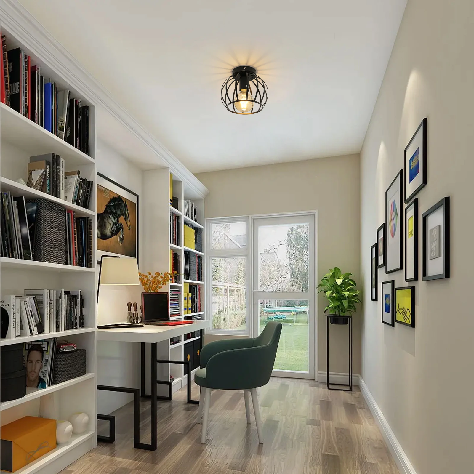 Black Hallway Ceiling Lights: Industrial Retro Cage Ceiling Lamp with Metal Lampshade, E27 Base