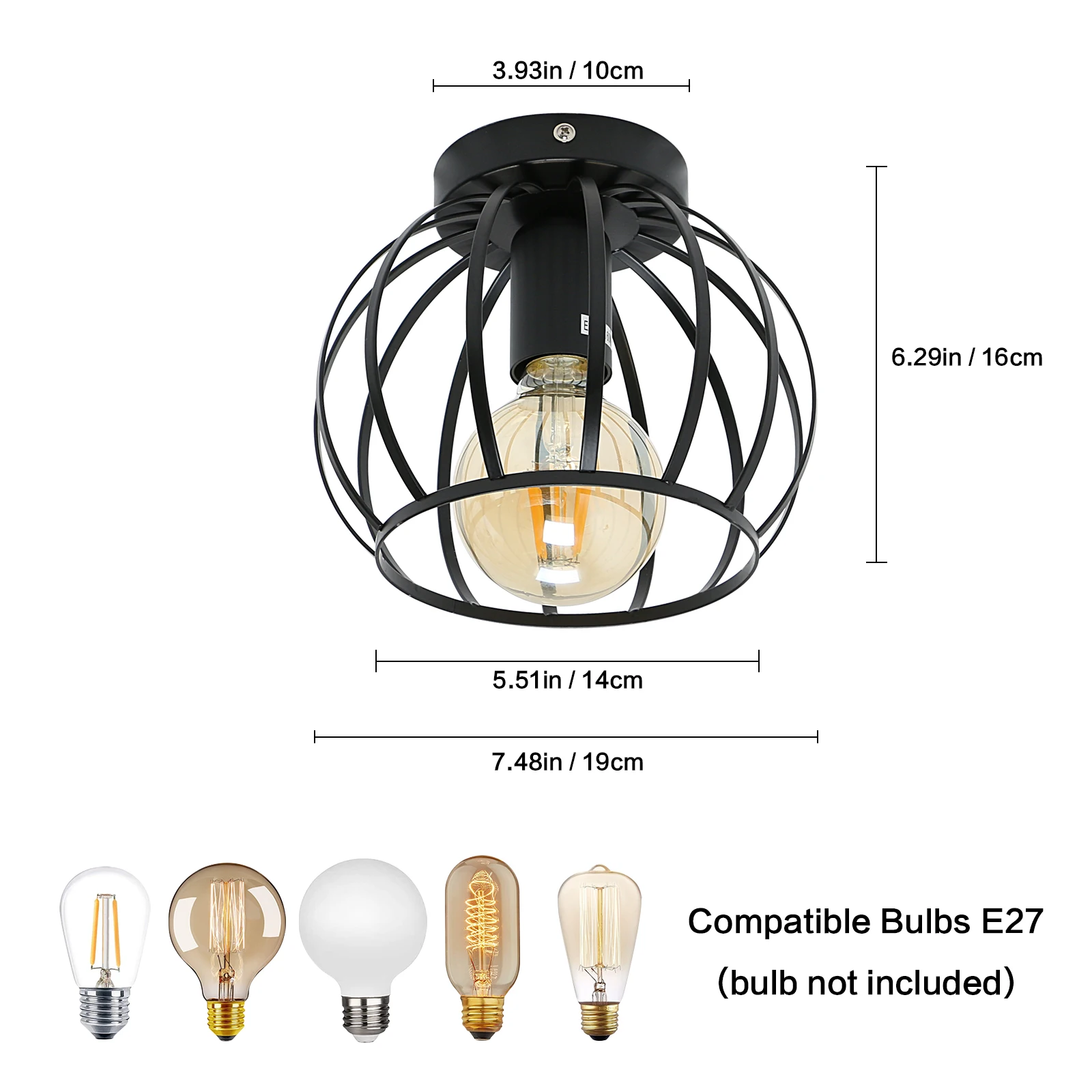 Black Hallway Ceiling Lights: Industrial Retro Cage Ceiling Lamp with Metal Lampshade, E27 Base