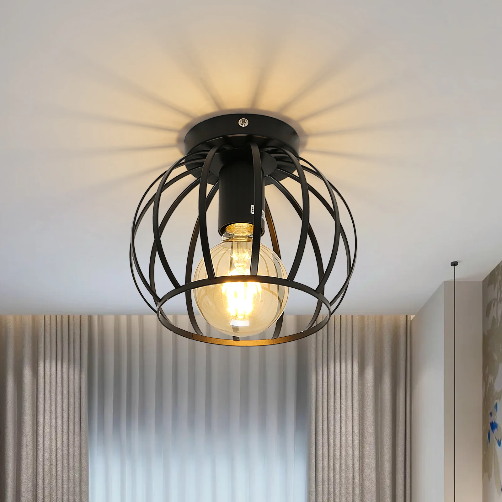 Black Hallway Ceiling Lights: Industrial Retro Cage Ceiling Lamp with Metal Lampshade, E27 Base