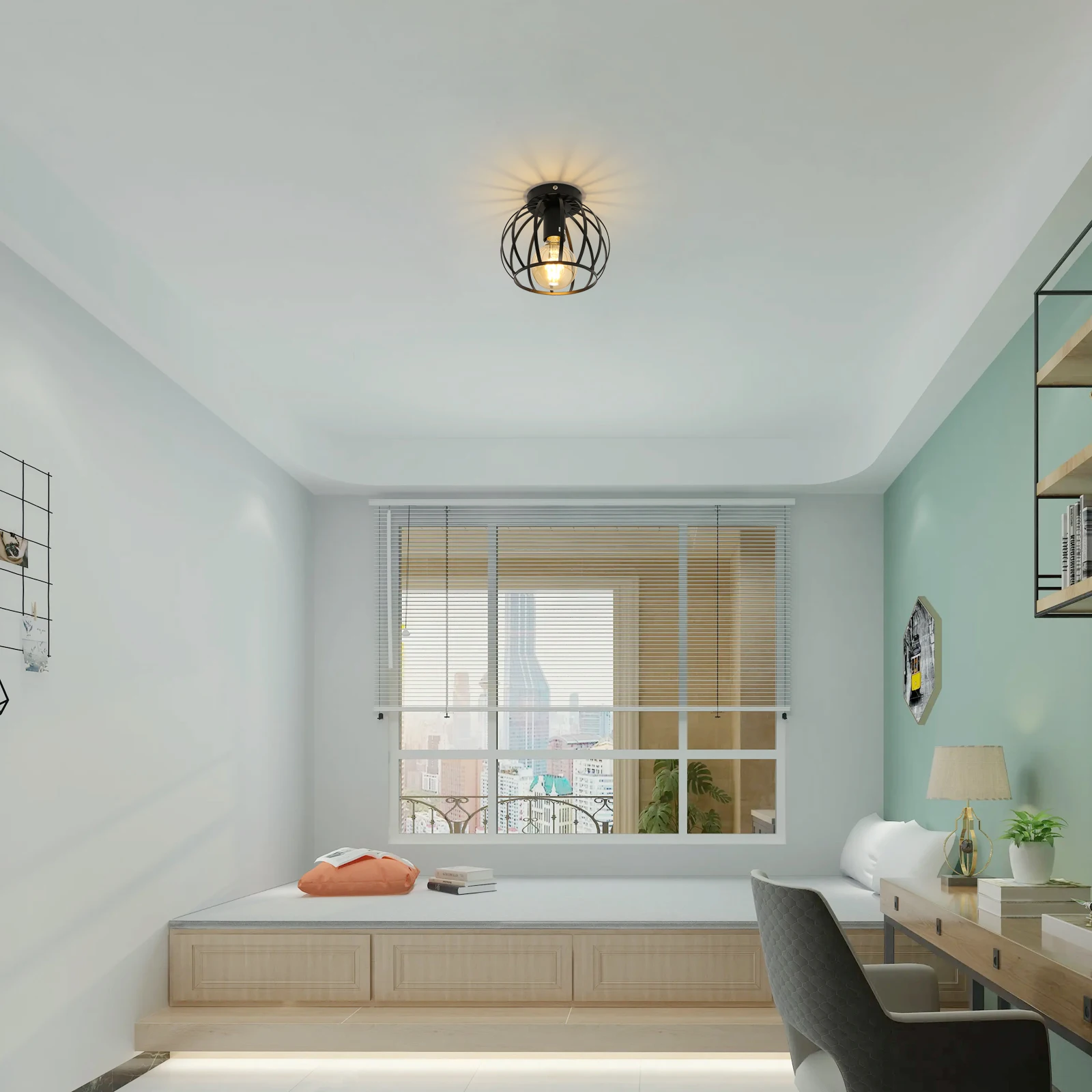 Black Hallway Ceiling Lights: Industrial Retro Cage Ceiling Lamp with Metal Lampshade, E27 Base
