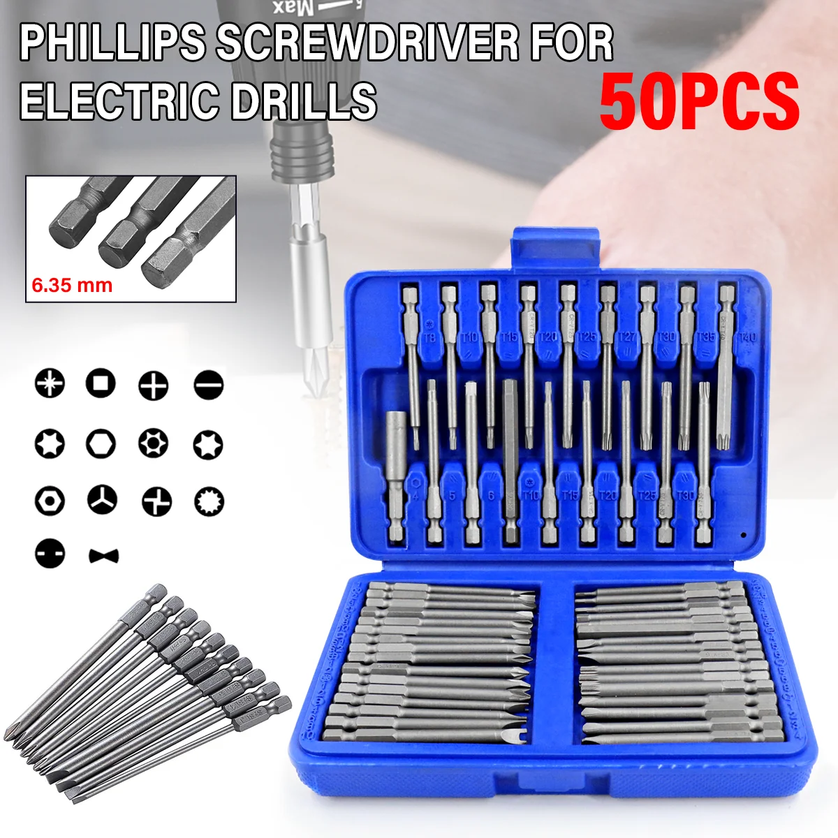 50 PC PH2 T10-30 & Impact Driver Screwdriver Bits Set Extra Long Torx Hex Spline Star Pozi Security