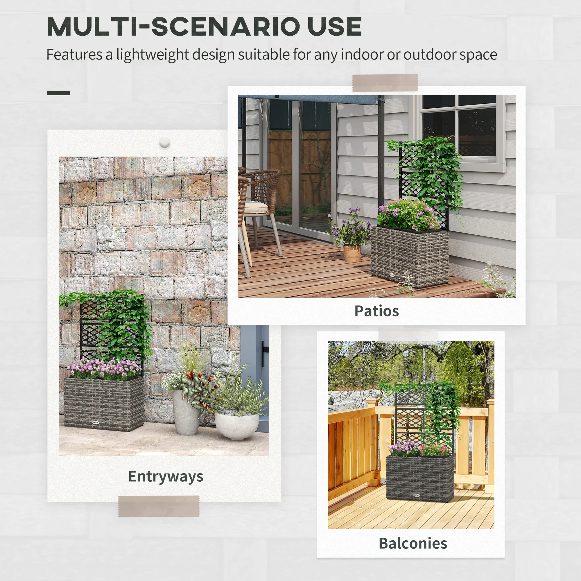 Outsunny 22L Garden PE Rattan Planter with Trellis, Free Standing Flower Raised Bed with Two Plant Boxes for Garden Planter