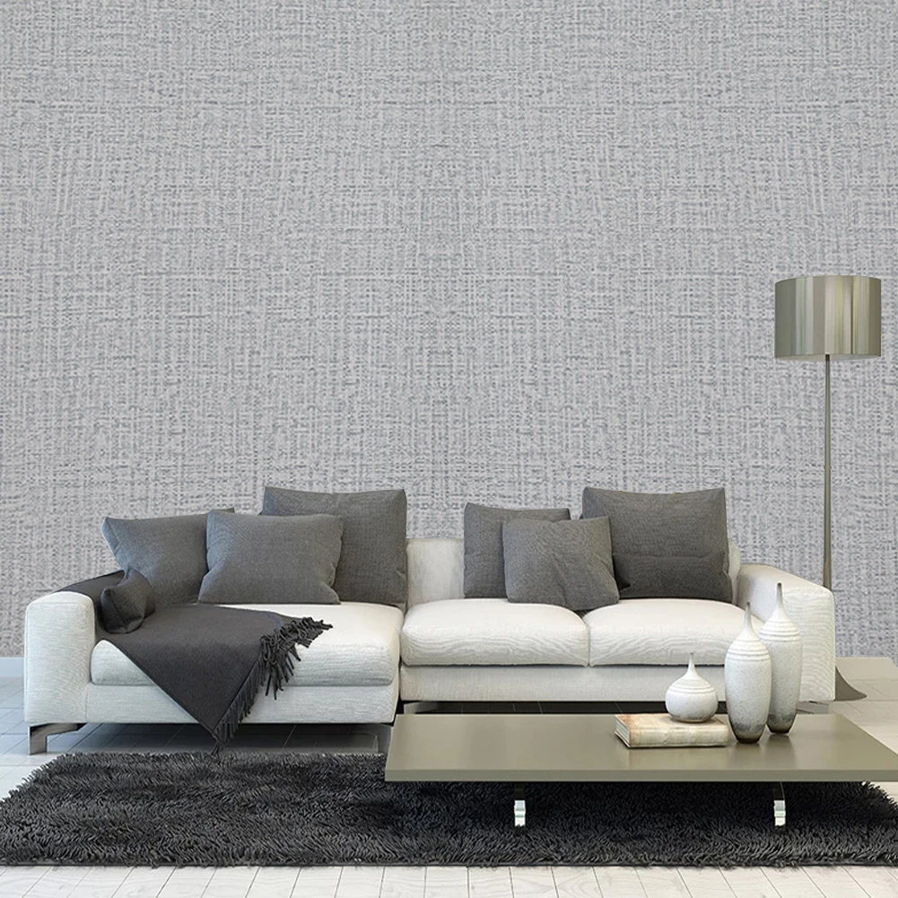 Grey Linen Texture Waterproof and Moisture-Proof PVC Wallpaper Self-Adhesive for Living Room Bedroom Wall Decoration
