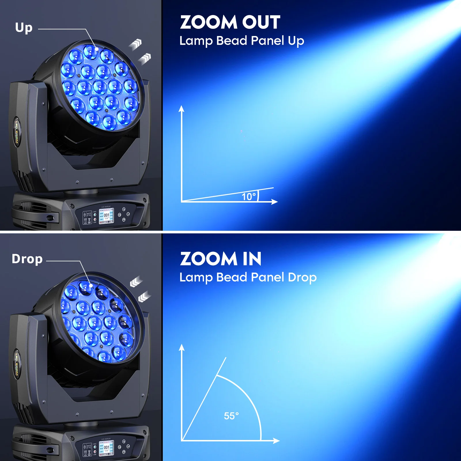 LeLeght 19*20W Moving Head Light Stage Lighting Effect 16/24CH DMX Control for Disco Nightclub KTV Bar Theater Shopping Mall