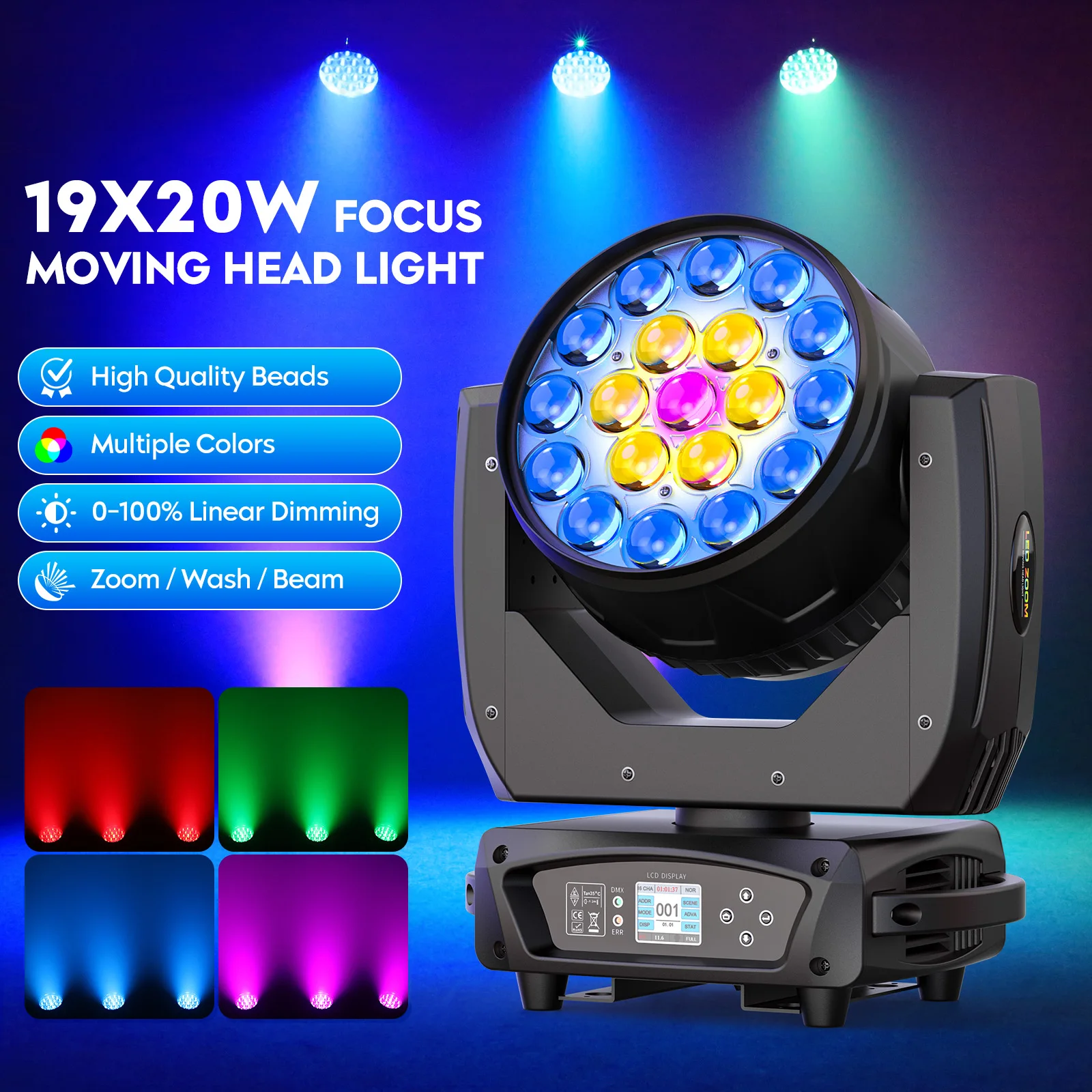 LeLeght 19*20W Moving Head Light Stage Lighting Effect 16/24CH DMX Control for Disco Nightclub KTV Bar Theater Shopping Mall