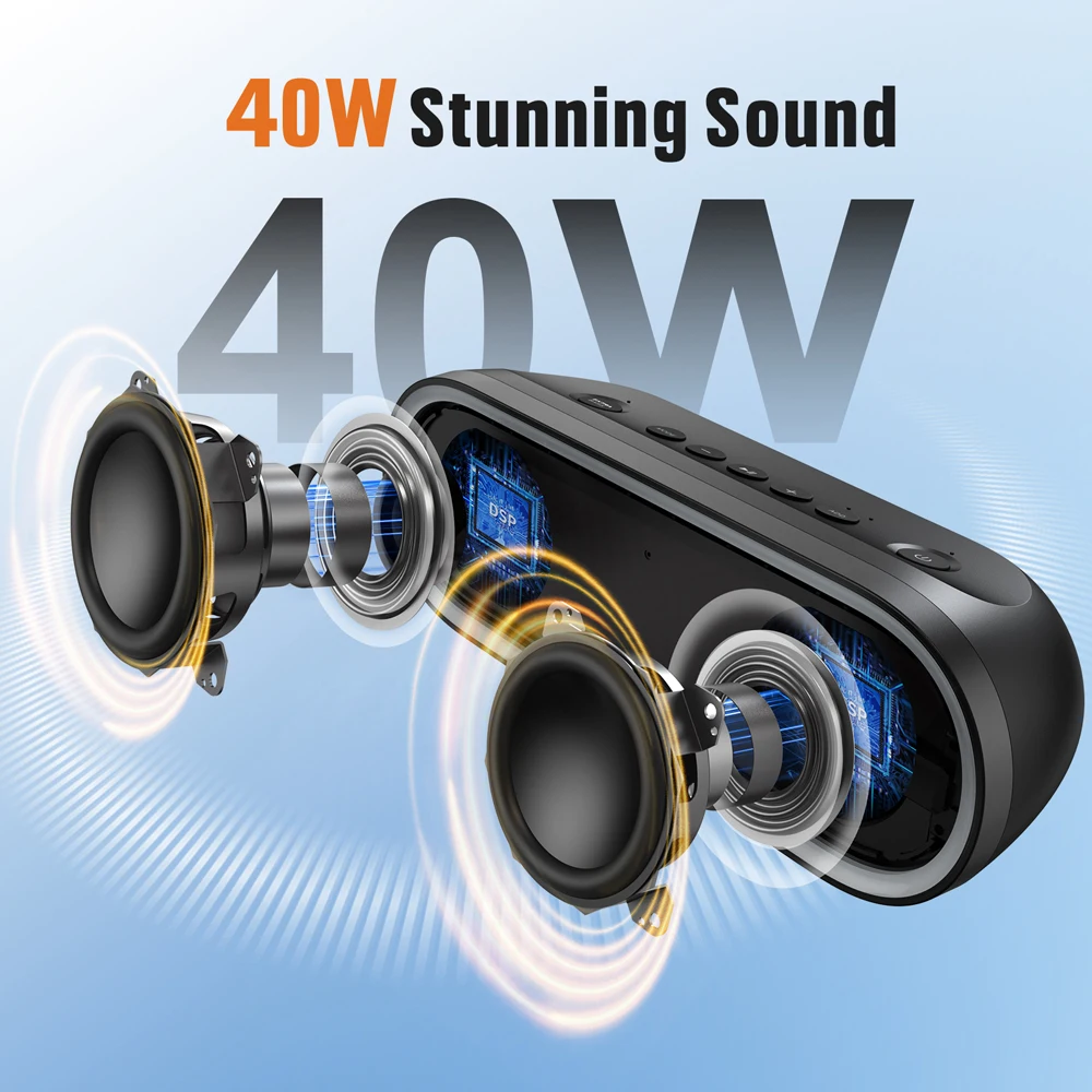 DOSS Wireless Speaker Bluetooth 5.3 40W Stereo Sound Bass Outdoor IPX6 Waterproof 20Hours Playtime Party Lights Portable Speaker