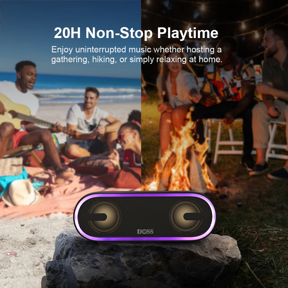 DOSS Wireless Speaker Bluetooth 5.3 40W Stereo Sound Bass Outdoor IPX6 Waterproof 20Hours Playtime Party Lights Portable Speaker