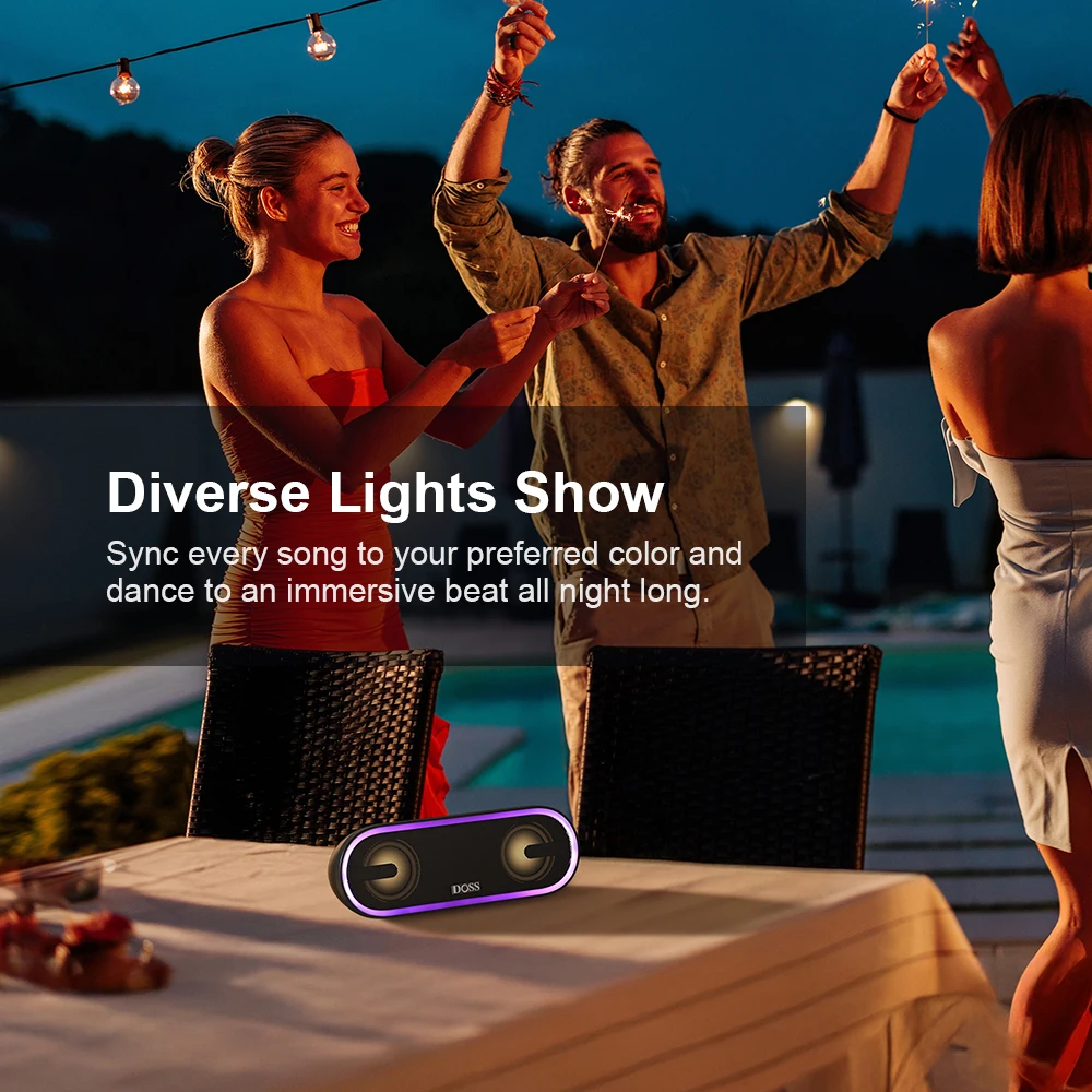 DOSS Wireless Speaker Bluetooth 5.3 40W Stereo Sound Bass Outdoor IPX6 Waterproof 20Hours Playtime Party Lights Portable Speaker