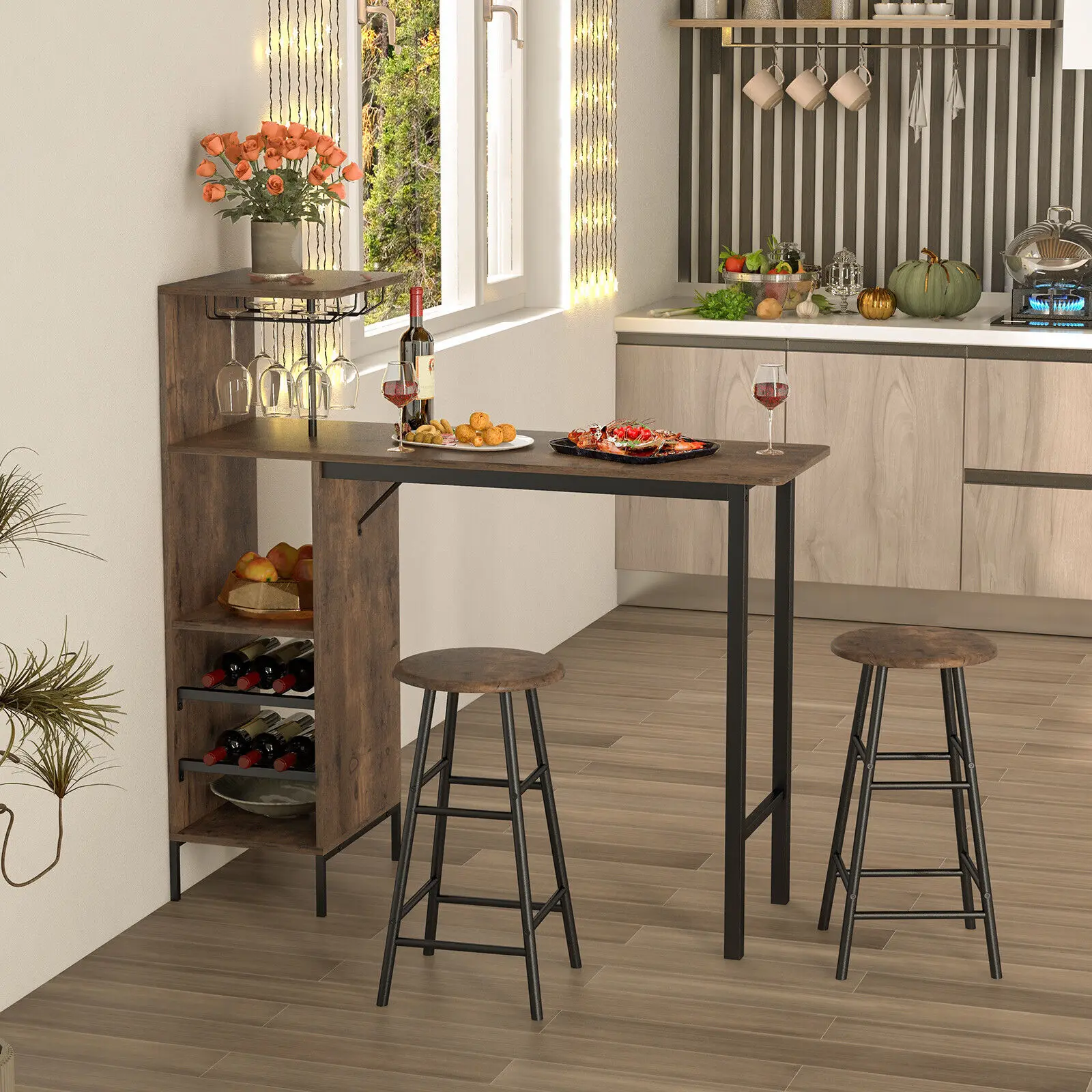 GOFLAME 3PCS Bar Table & Chair Set Industrial Pub Table Counter Height Dining Table Set