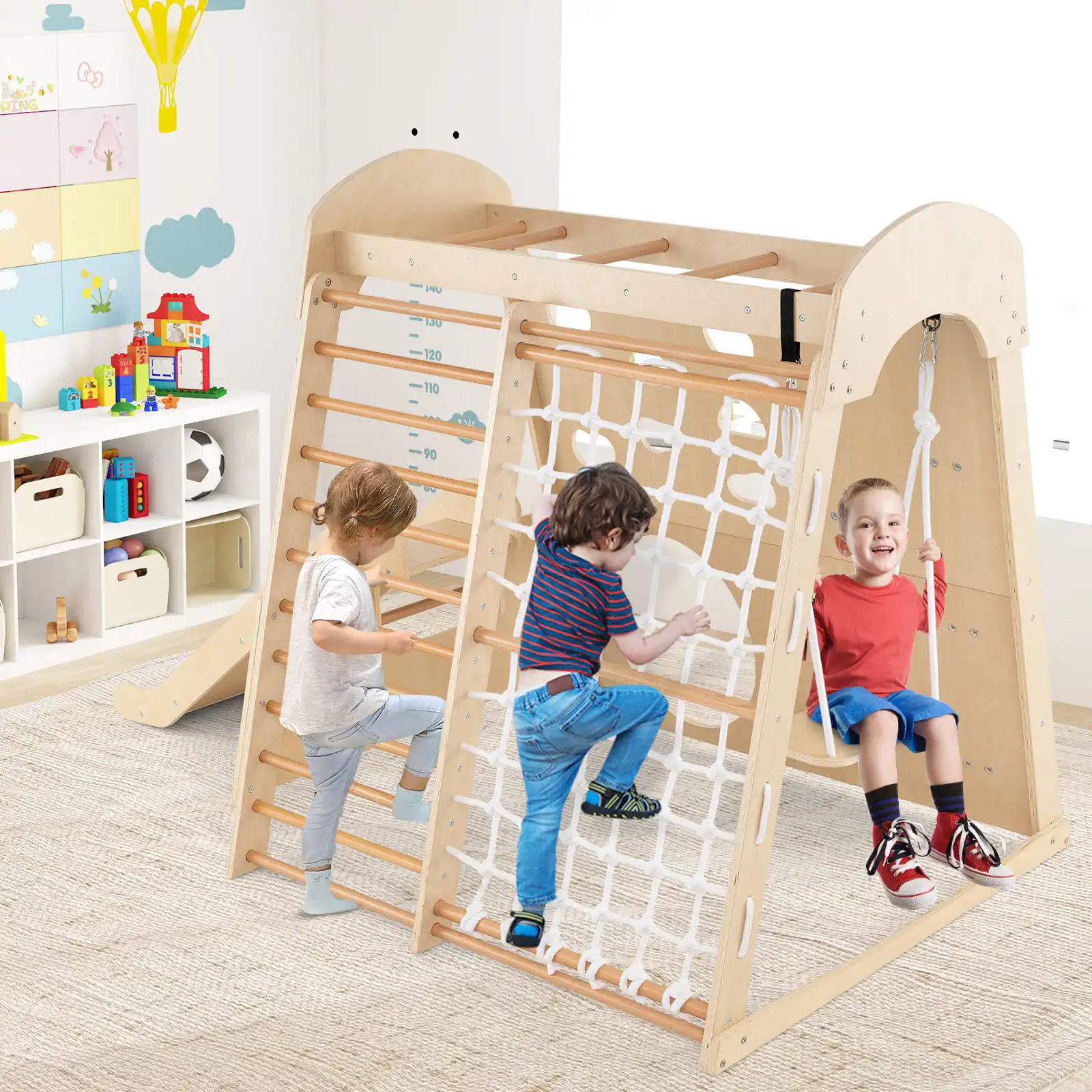 DORTALA 8-in-1 Indoor Jungle Gym Wooden Playground with Climbing Wall-Natural