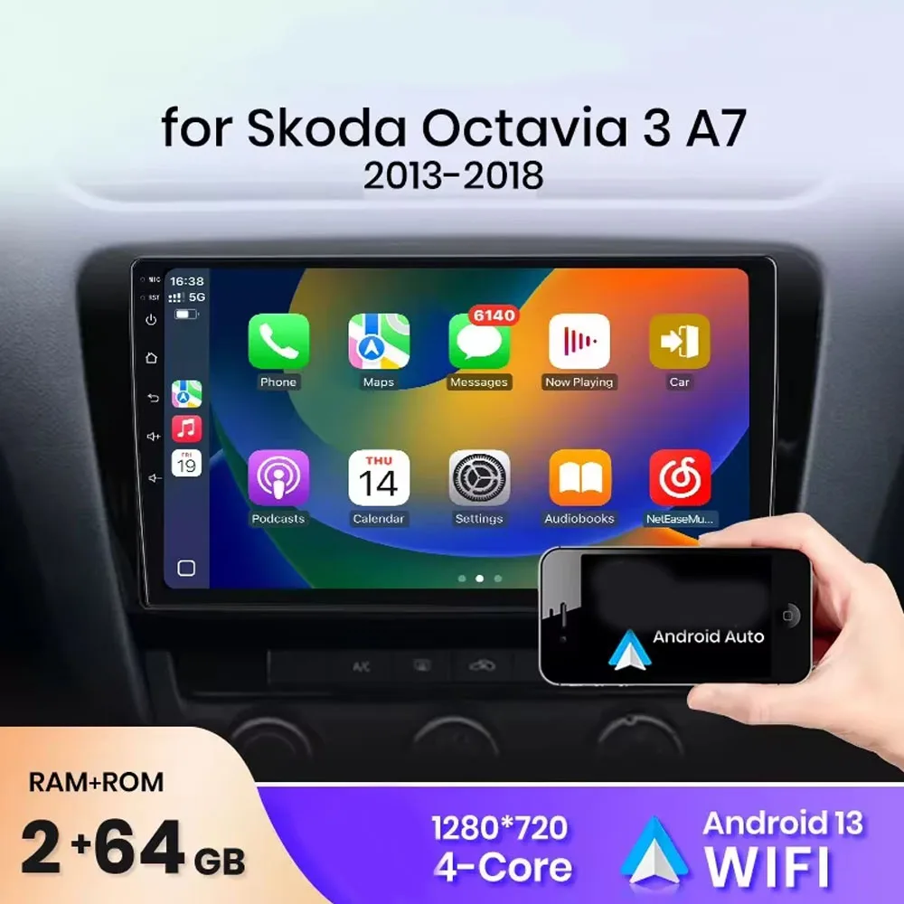 Android 14 car navigation 10-inch fit for Carplay+ Android auto/4+64G+AHD camera Suitable for Skoda Octavia models 13-2018