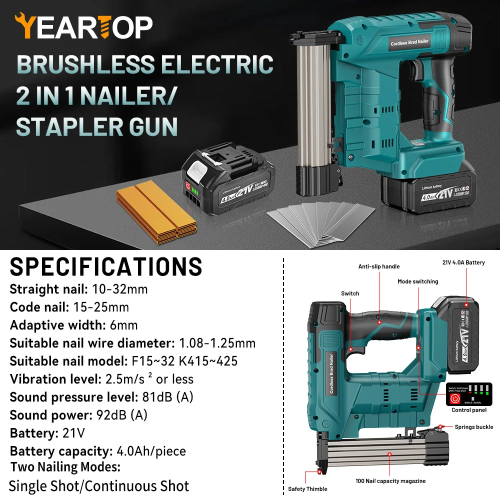 YEARTOP F10-F32 Electric Brushless Nail Staple Guns Battery Stapler Nailer Cordless Woodworking Nailing For Makita 18V Battery Y