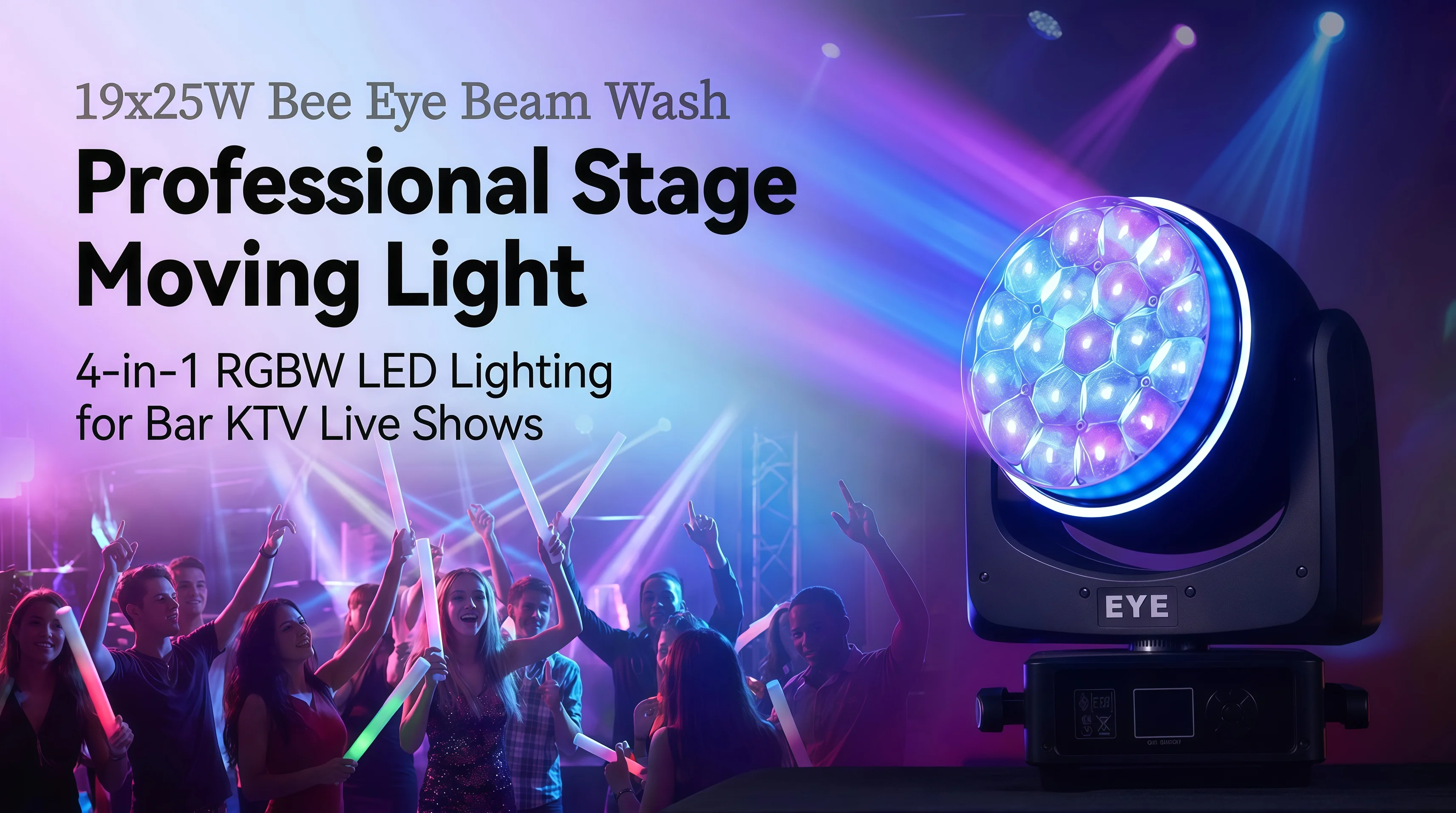 LED Beam+Wash 19x25W Big Bees Eyes RGBW Moving Head Light 2in1 Flight Case for Performance Stage Concert