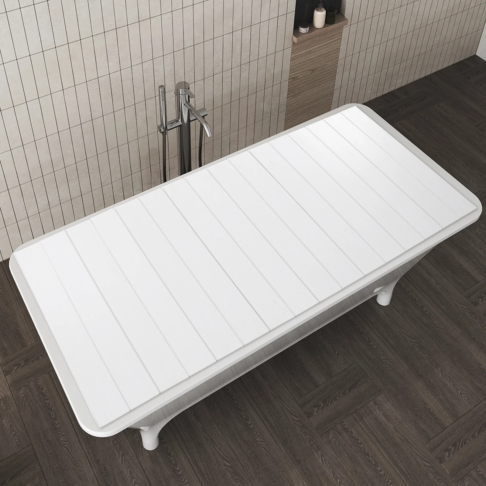 70x170cm Foldable Bathtub Cover | Keep Warm & Dustproof | PVC Tray Table for Laptop & Bath Items | White Woodgrain