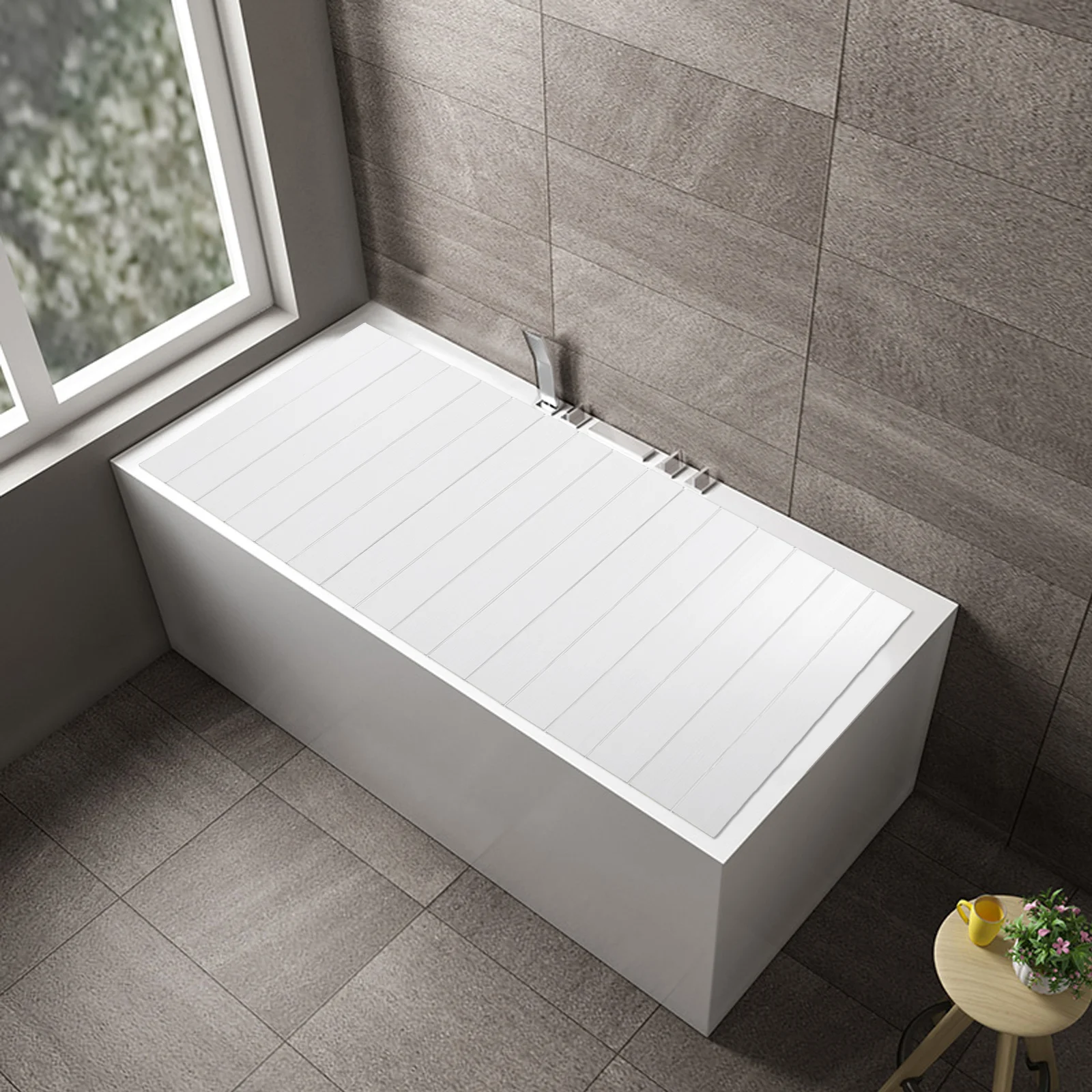 70x170cm Foldable Bathtub Cover | Keep Warm & Dustproof | PVC Tray Table for Laptop & Bath Items | White Woodgrain