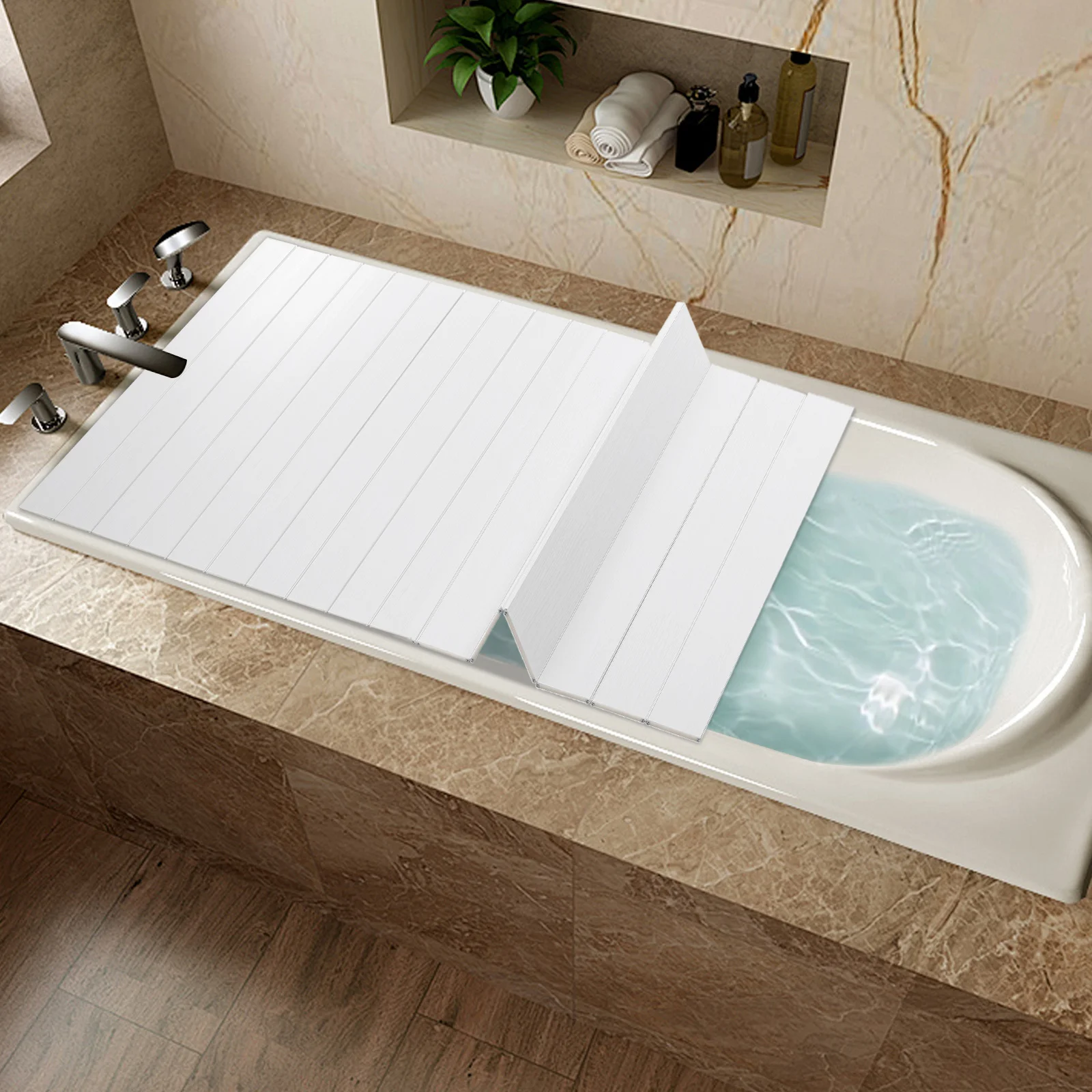 70x170cm Foldable Bathtub Cover | Keep Warm & Dustproof | PVC Tray Table for Laptop & Bath Items | White Woodgrain