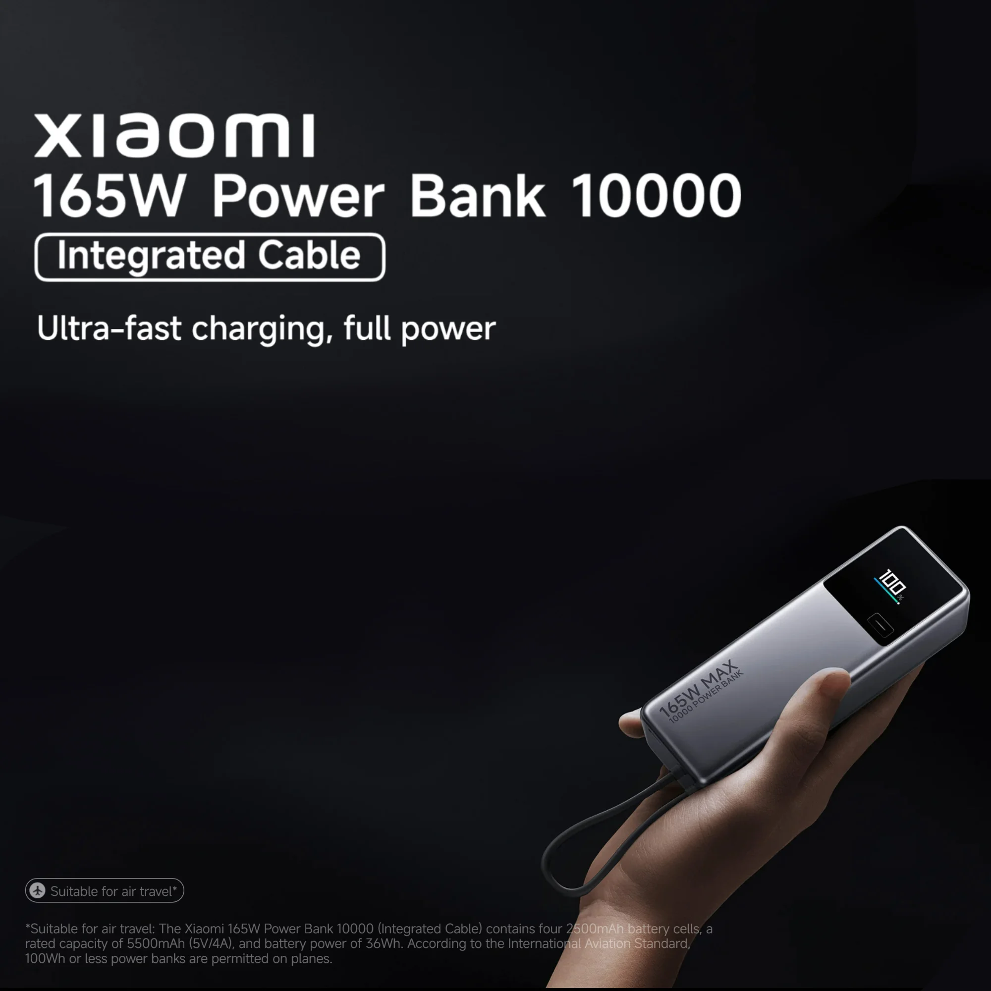 Xiaomi 165W Power Bank 10000mAh, 120W Output Via Integrated Cable USB C Dual Ports LED Screen Portable Charger For Macbook iPhone Xiaomi