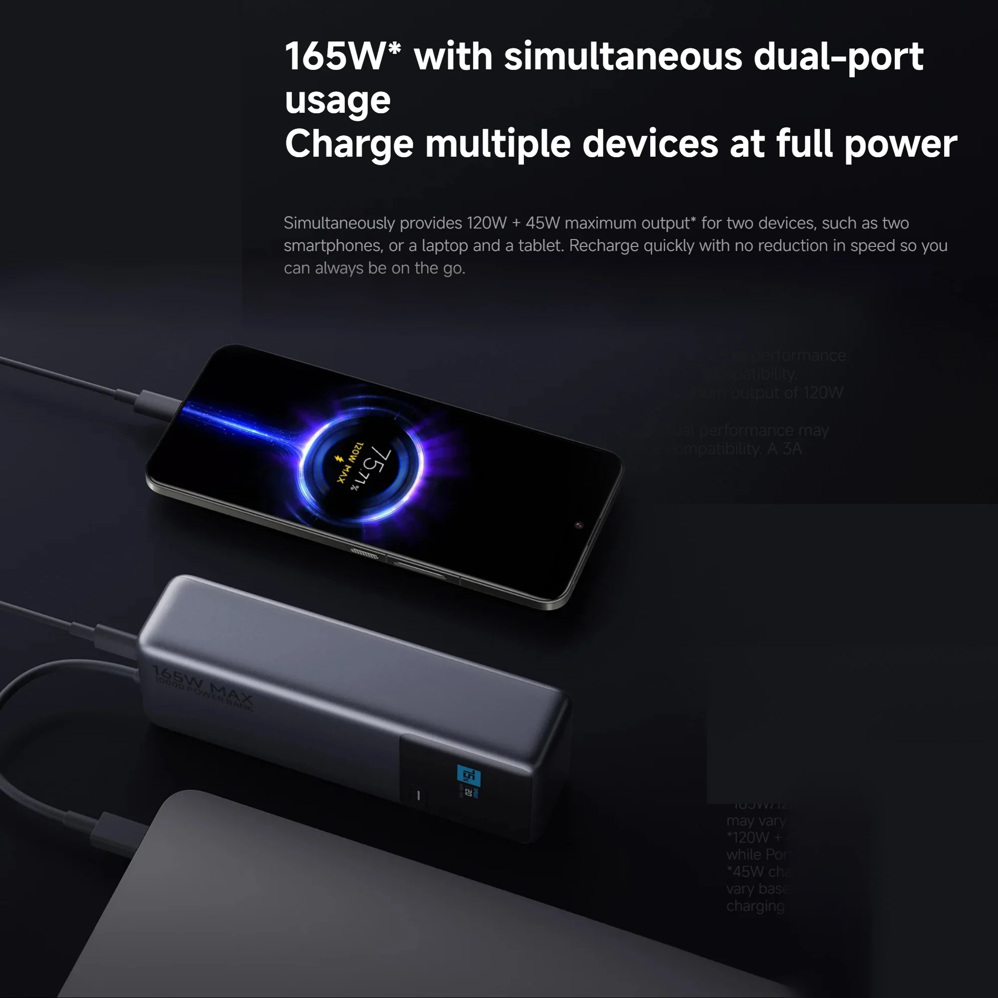 Xiaomi 165W Power Bank 10000mAh, 120W Output Via Integrated Cable USB C Dual Ports LED Screen Portable Charger For Macbook iPhone Xiaomi