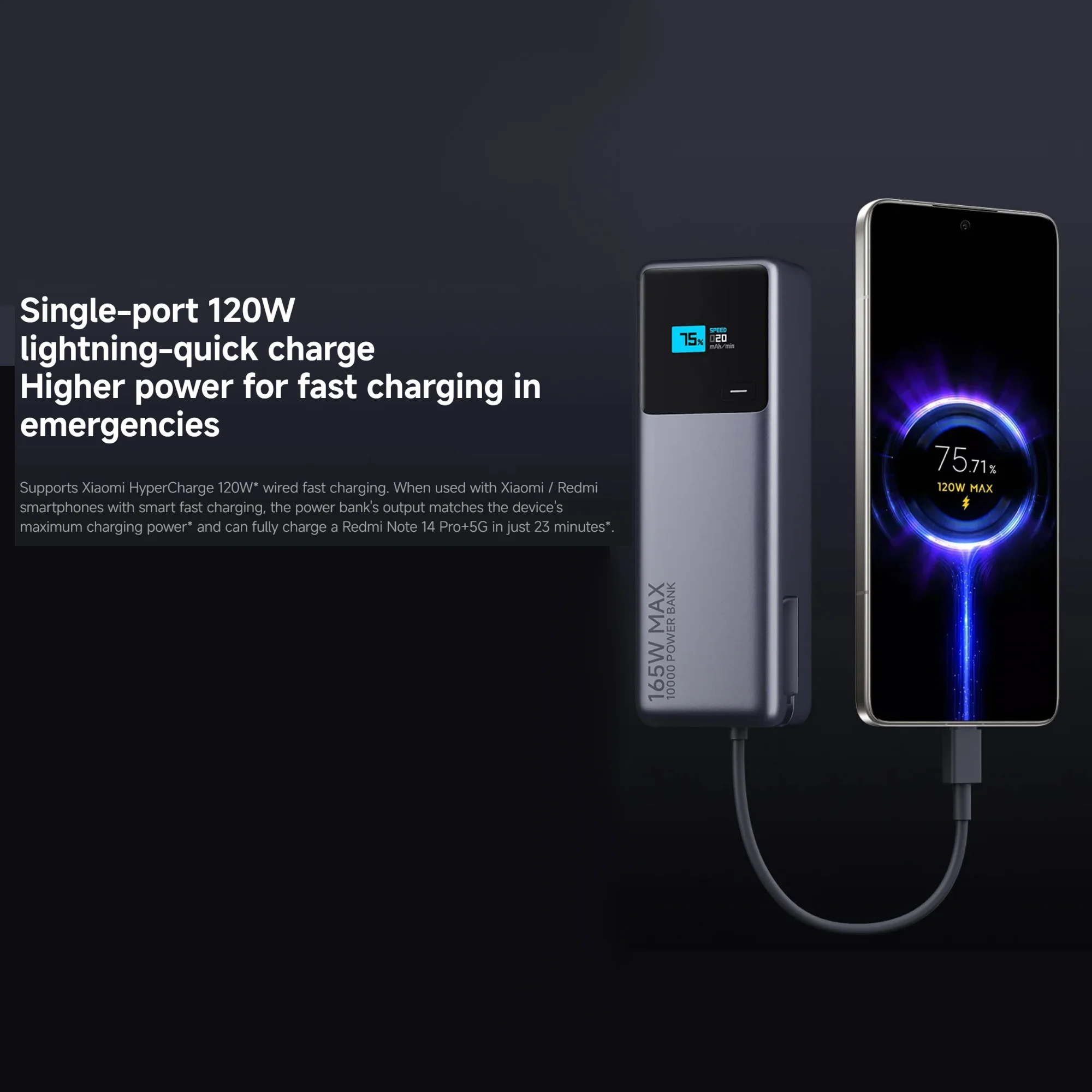 Xiaomi 165W Power Bank 10000mAh, 120W Output Via Integrated Cable USB C Dual Ports LED Screen Portable Charger For Macbook iPhone Xiaomi