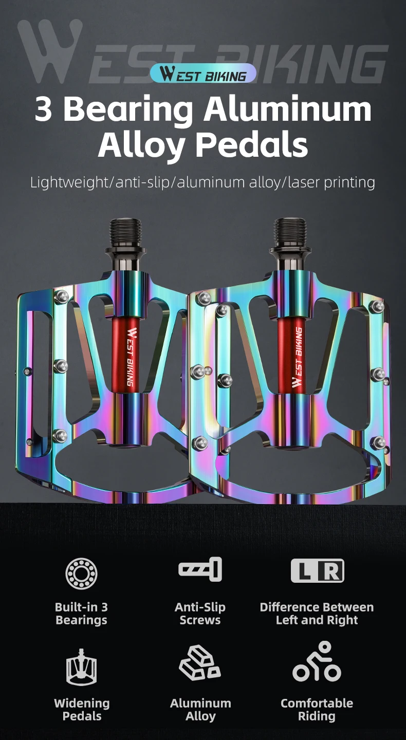 WEST BIKING Bicycle Pedal Three Bearing Aluminum Alloy Anti-Slip Pedal MTB Mountain Bike Road Bike Pedal Color Bike Accessories
