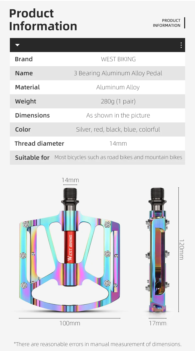 WEST BIKING Bicycle Pedal Three Bearing Aluminum Alloy Anti-Slip Pedal MTB Mountain Bike Road Bike Pedal Color Bike Accessories