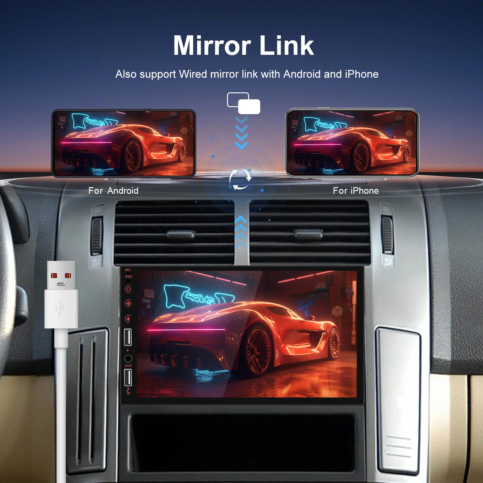 Podofo Wireless Carplay Android Auto Car MP5 Audio Stereo Mirror Link 7 Inch 1Din Multimedia Video Player BT USB FM RDS AUX