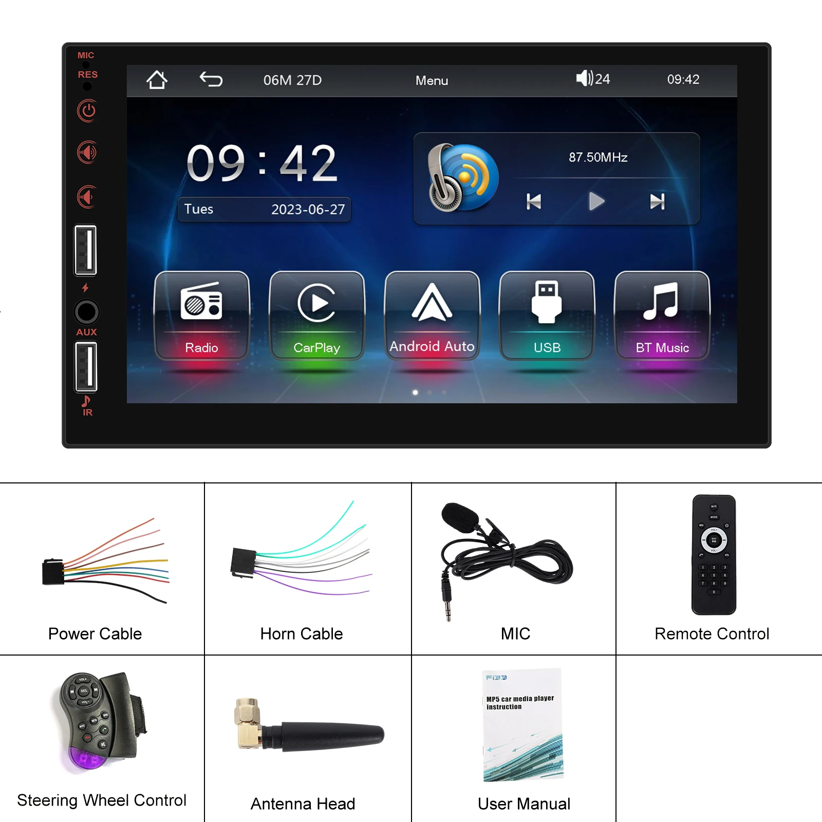 Podofo Wireless Carplay Android Auto Car MP5 Audio Stereo Mirror Link 7 Inch 1Din Multimedia Video Player BT USB FM RDS AUX