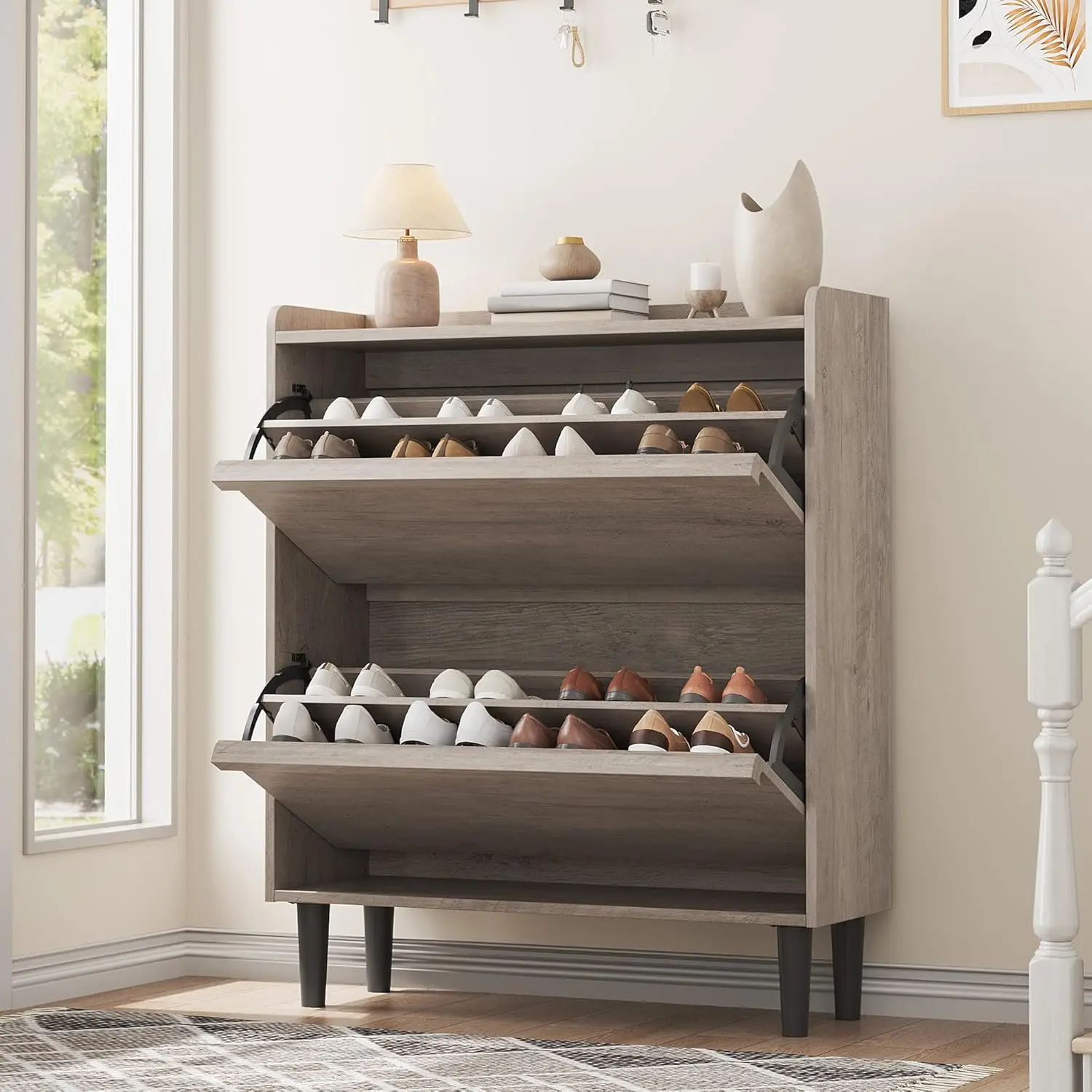Shoe Cabinet with 2 Flip-Down Doors & Adjustable Shelf - Narrow Wooden Organizer for Entryway, Hallway Closet