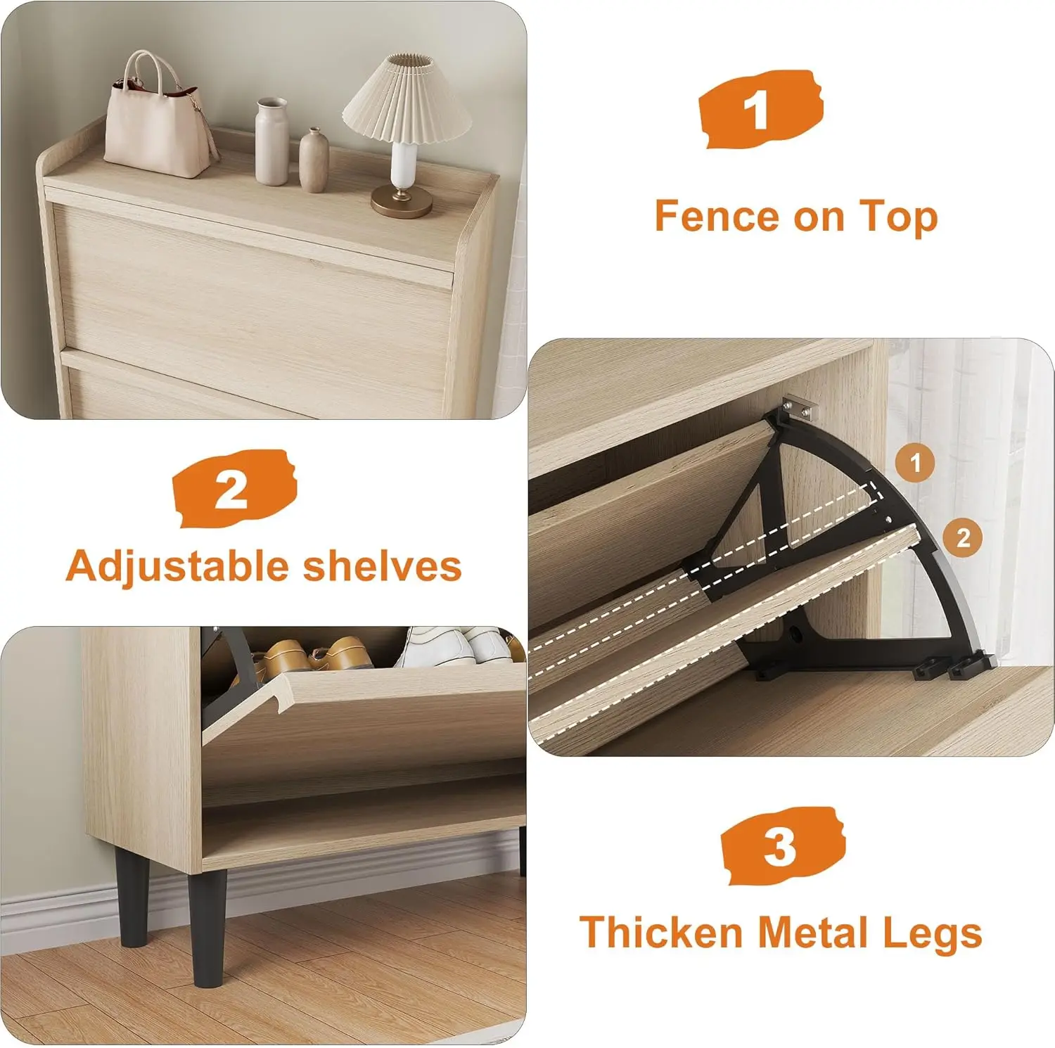 Shoe Cabinet with 2 Flip-Down Doors & Adjustable Shelf - Narrow Wooden Organizer for Entryway, Hallway Closet