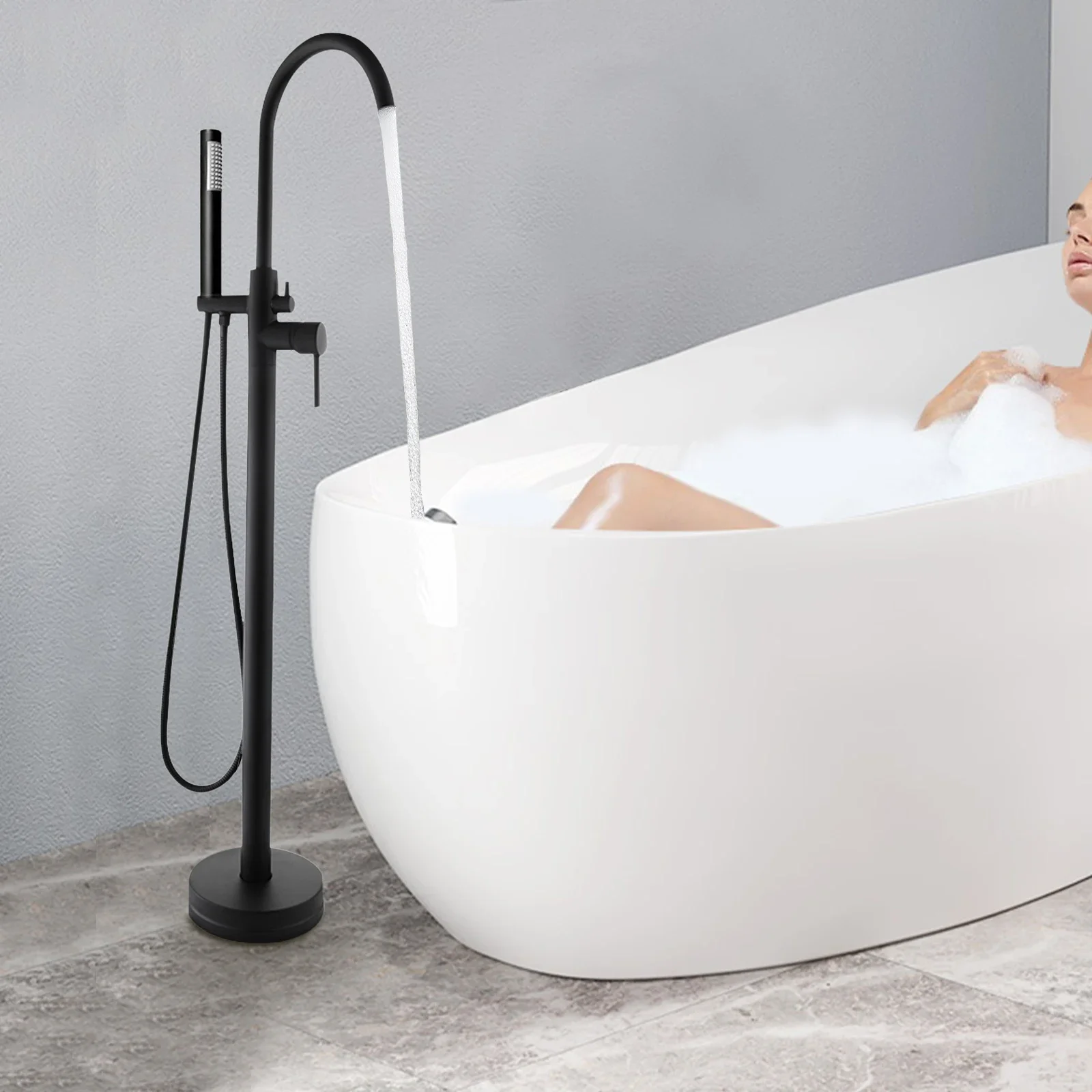 Freestanding Bathtub Faucet,Bathroom Tap Bath Shower Mixer Black Floor-Mounted Free Standing 360°Handheld Nozzle