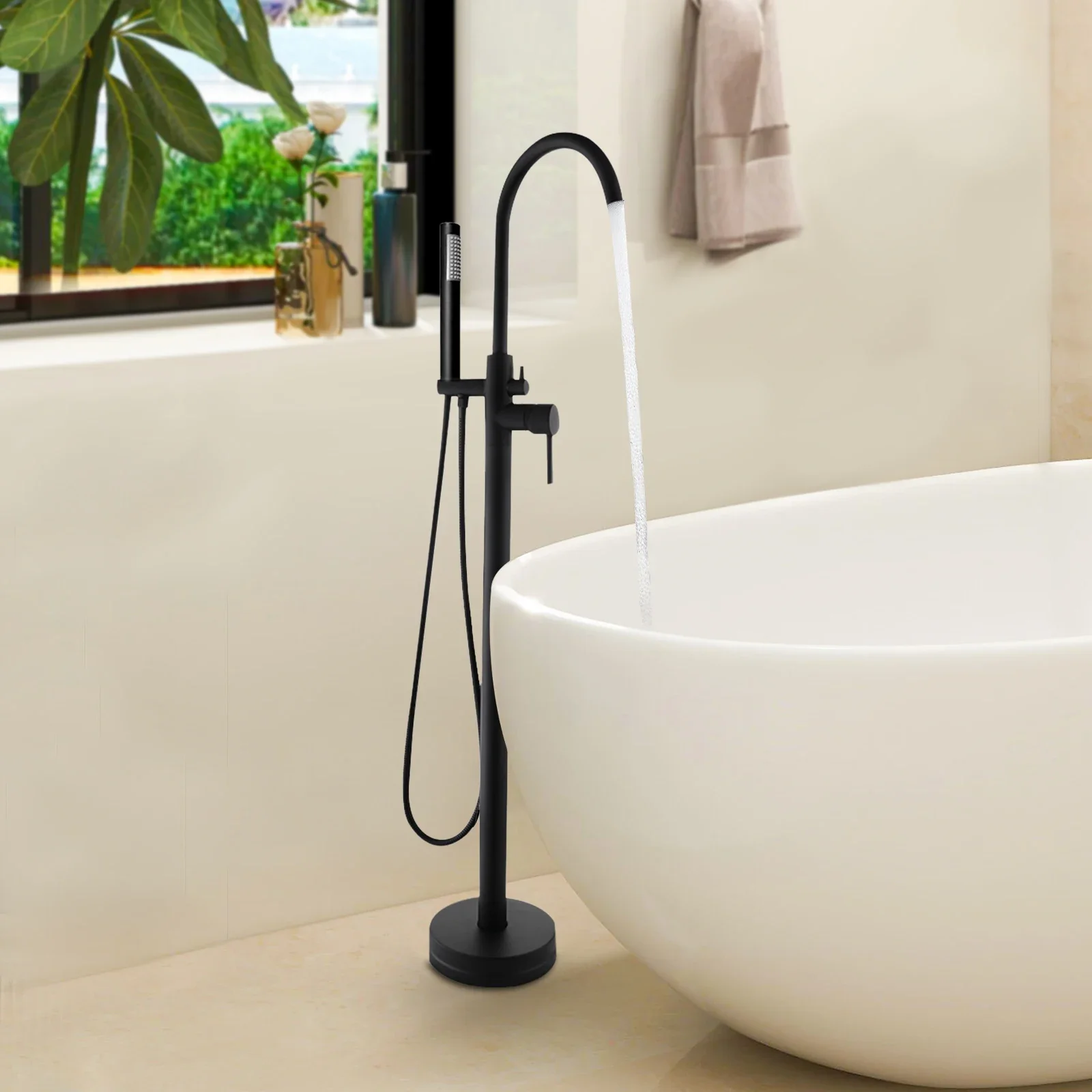Freestanding Bathtub Faucet,Bathroom Tap Bath Shower Mixer Black Floor-Mounted Free Standing 360°Handheld Nozzle