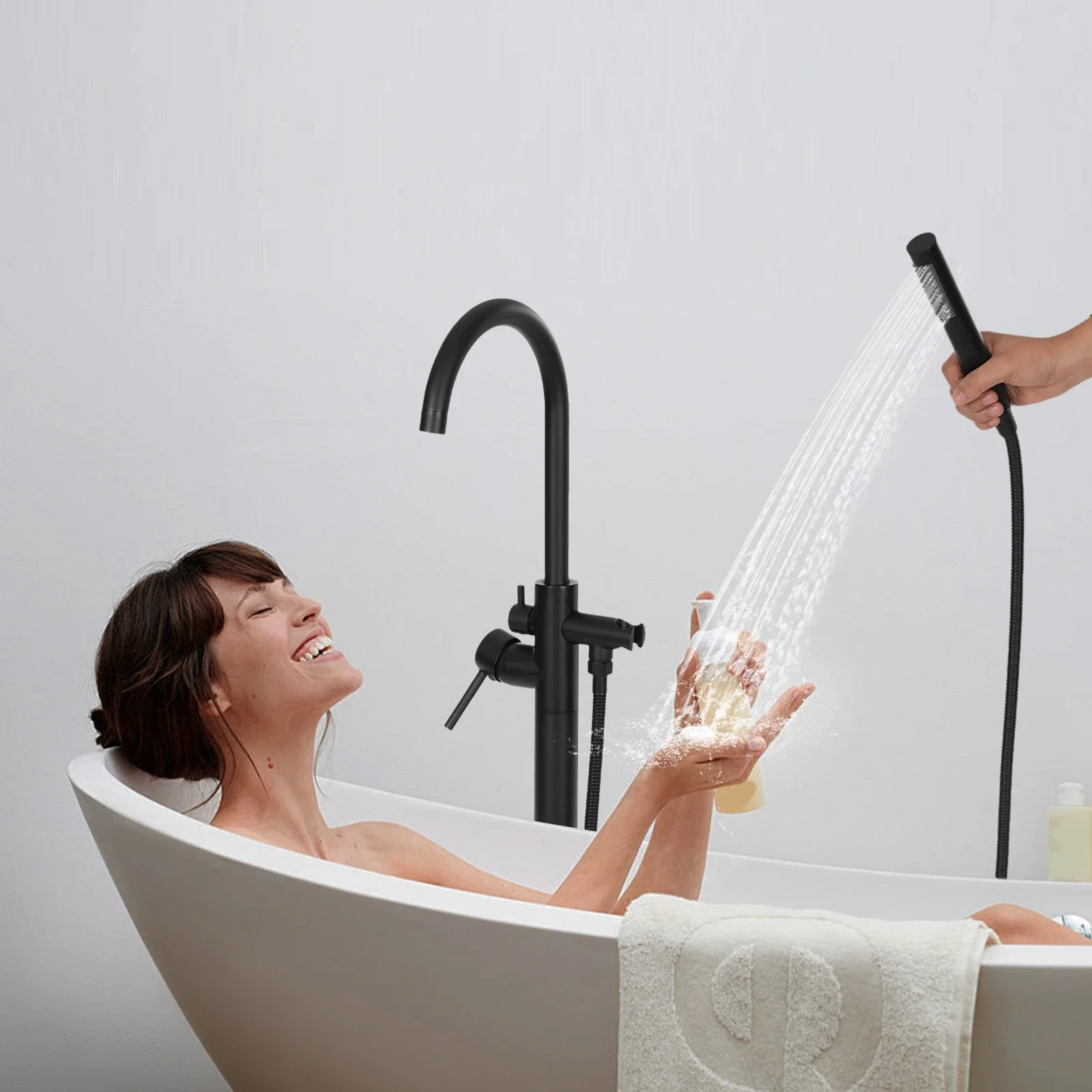 Freestanding Bathtub Faucet,Bathroom Tap Bath Shower Mixer Black Floor-Mounted Free Standing 360°Handheld Nozzle