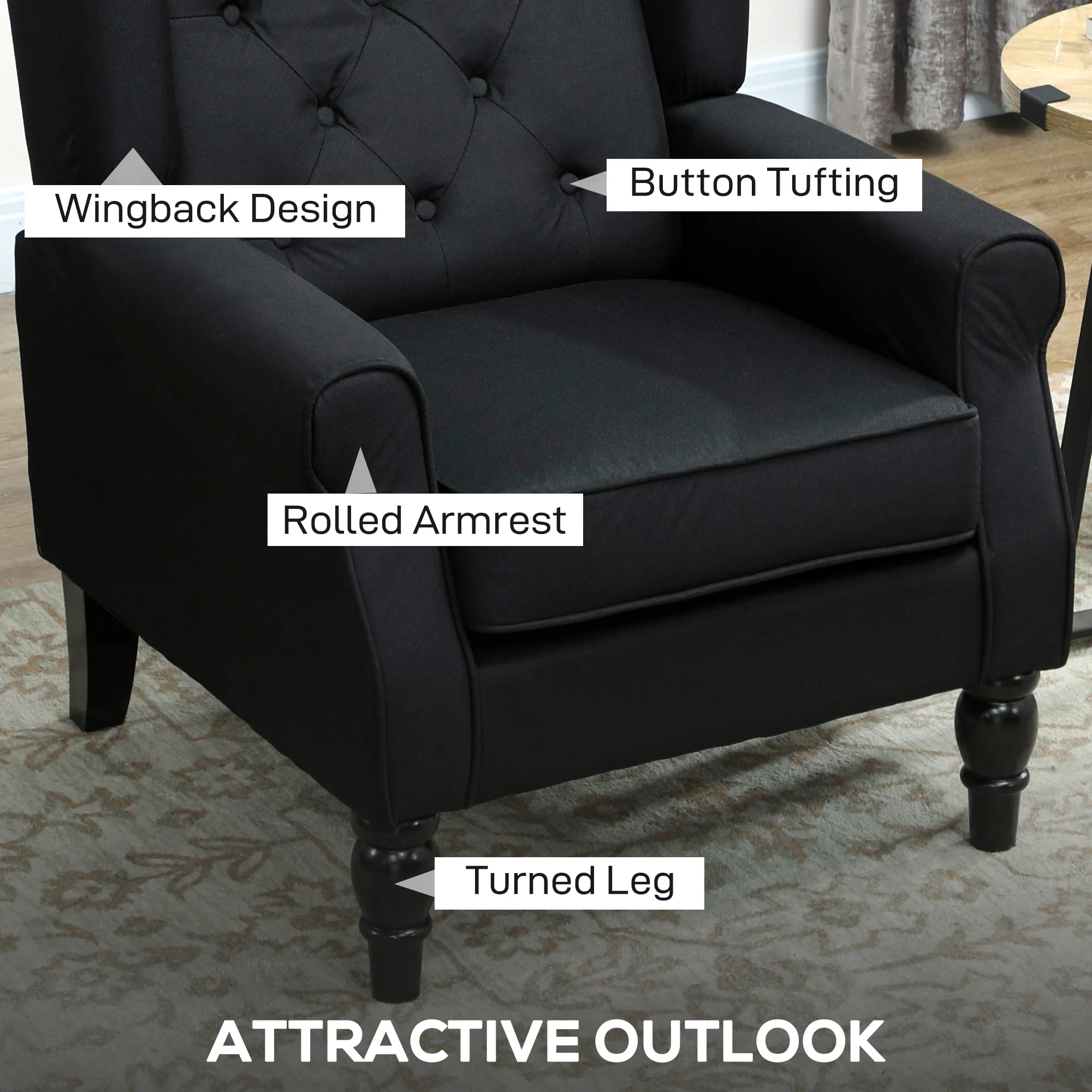 HOMCOM Accent Chair Wingback Armchair Retro Tufted Club Wood Fabric, Black