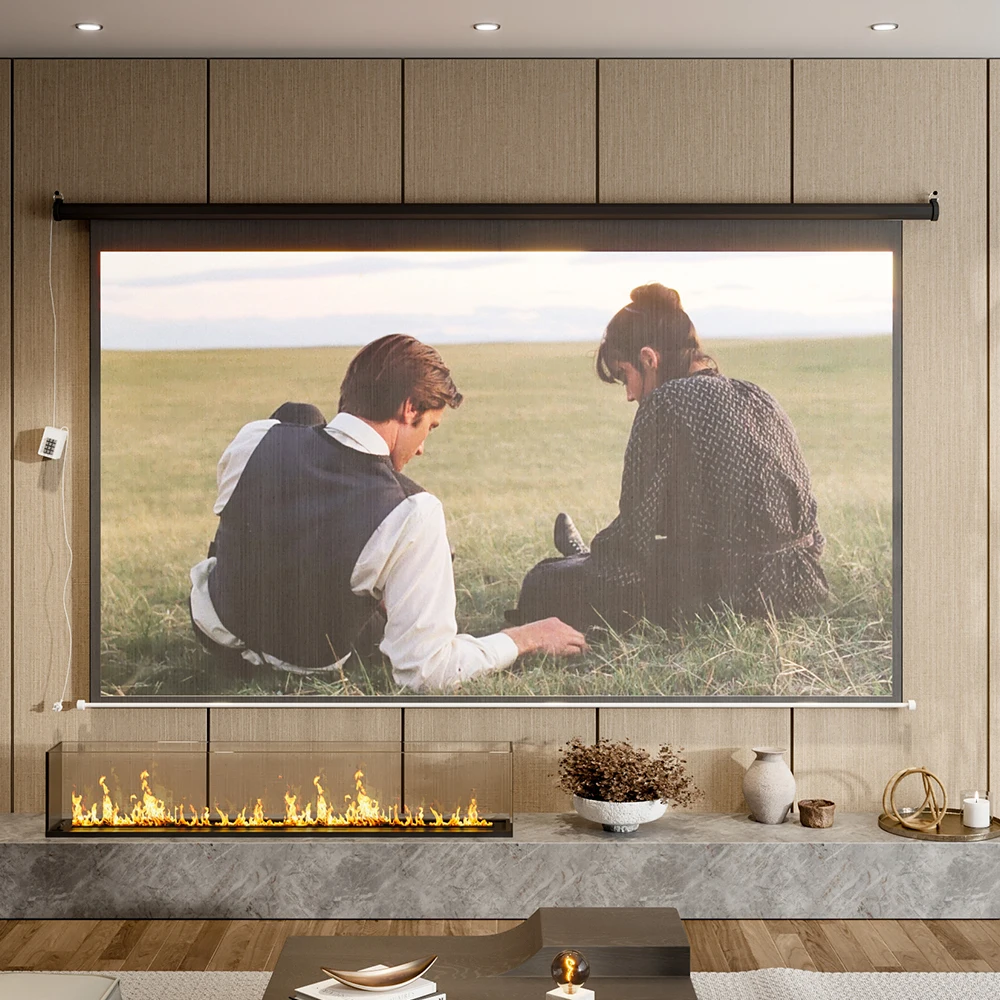 Voltsify 100" Black 16:9 Electric Motorized Projector Screen with Remote Wall/Ceiling Mounted Matte White Screen