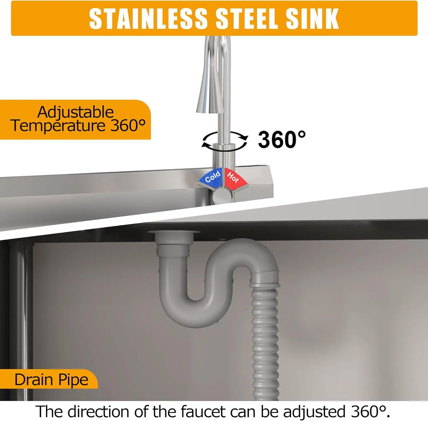 UK Stainless Steel Freestanding Utility Sink with 304 Stainless Faucet - Single Bowl Heavy Duty Kitchen Sink for Laundry Room, G