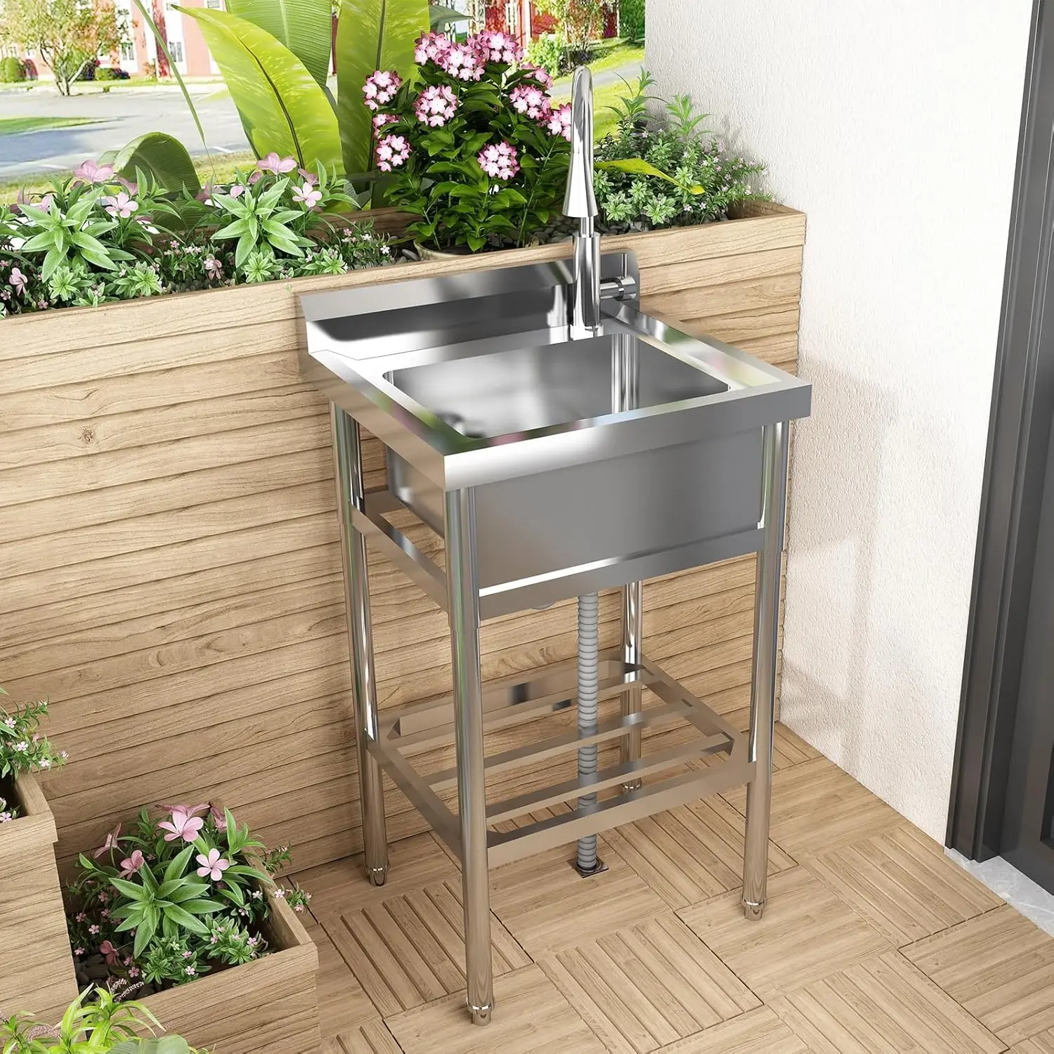 UK Stainless Steel Freestanding Utility Sink with 304 Stainless Faucet - Single Bowl Heavy Duty Kitchen Sink for Laundry Room, G