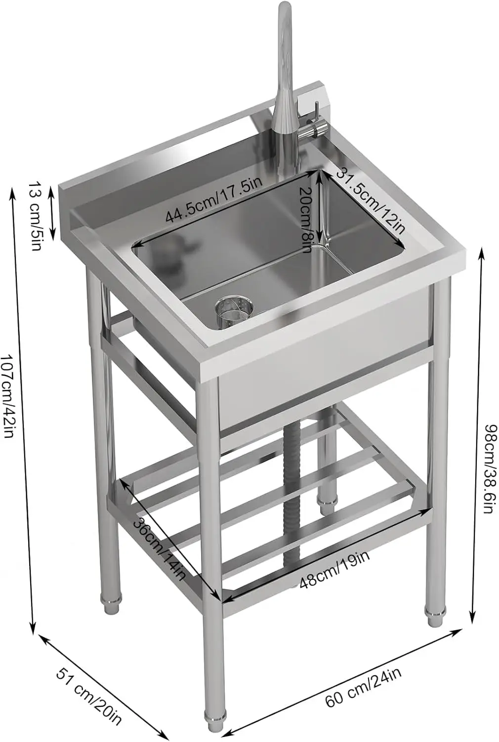 UK Stainless Steel Freestanding Utility Sink with 304 Stainless Faucet - Single Bowl Heavy Duty Kitchen Sink for Laundry Room, G