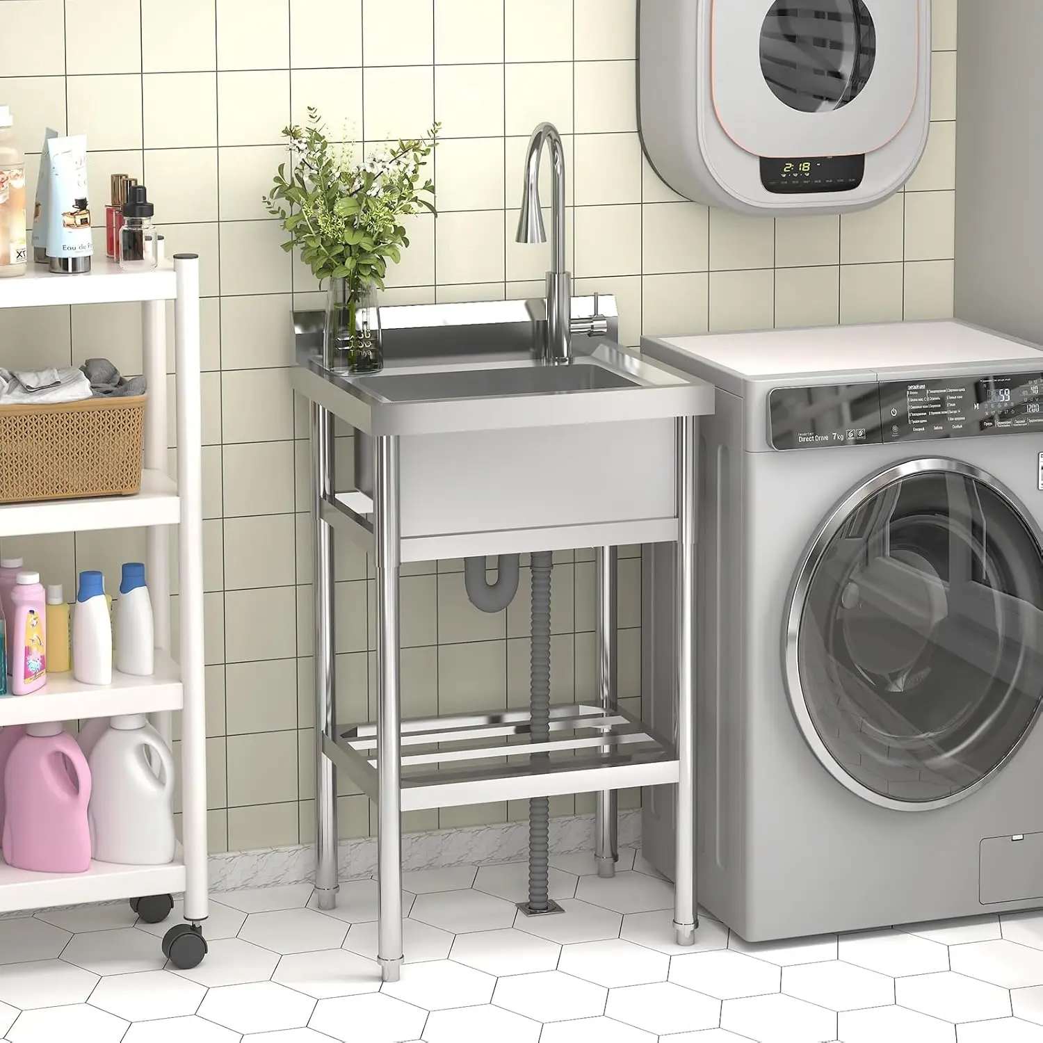 UK Stainless Steel Freestanding Utility Sink with 304 Stainless Faucet - Single Bowl Heavy Duty Kitchen Sink for Laundry Room, G